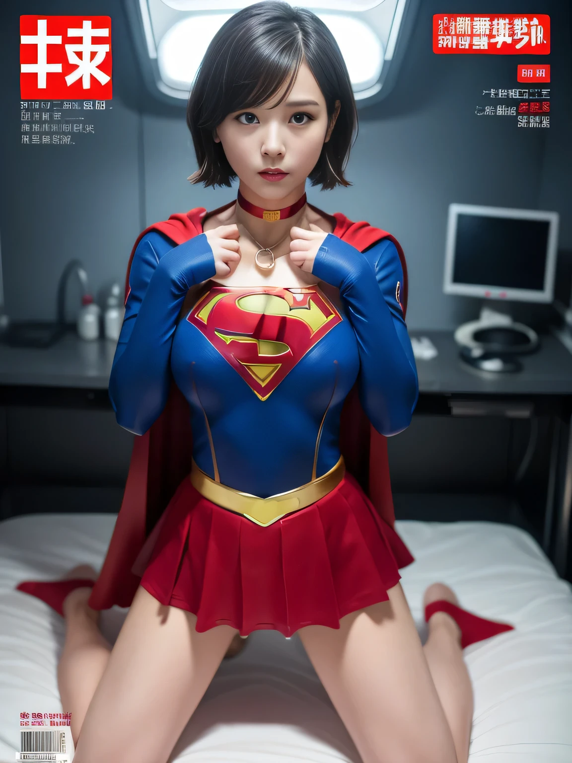 masterpiece、supergirl costume、short hair、barefoot、big and full breasts、torture、operating room、operating table、Crisis situation、straddle、flowing sweat、shiny、look at the camera、provocation、Estrus、choker、Weekly magazine cover、long sleeve、red mini skirt、obscene pose、Seduce、humiliating