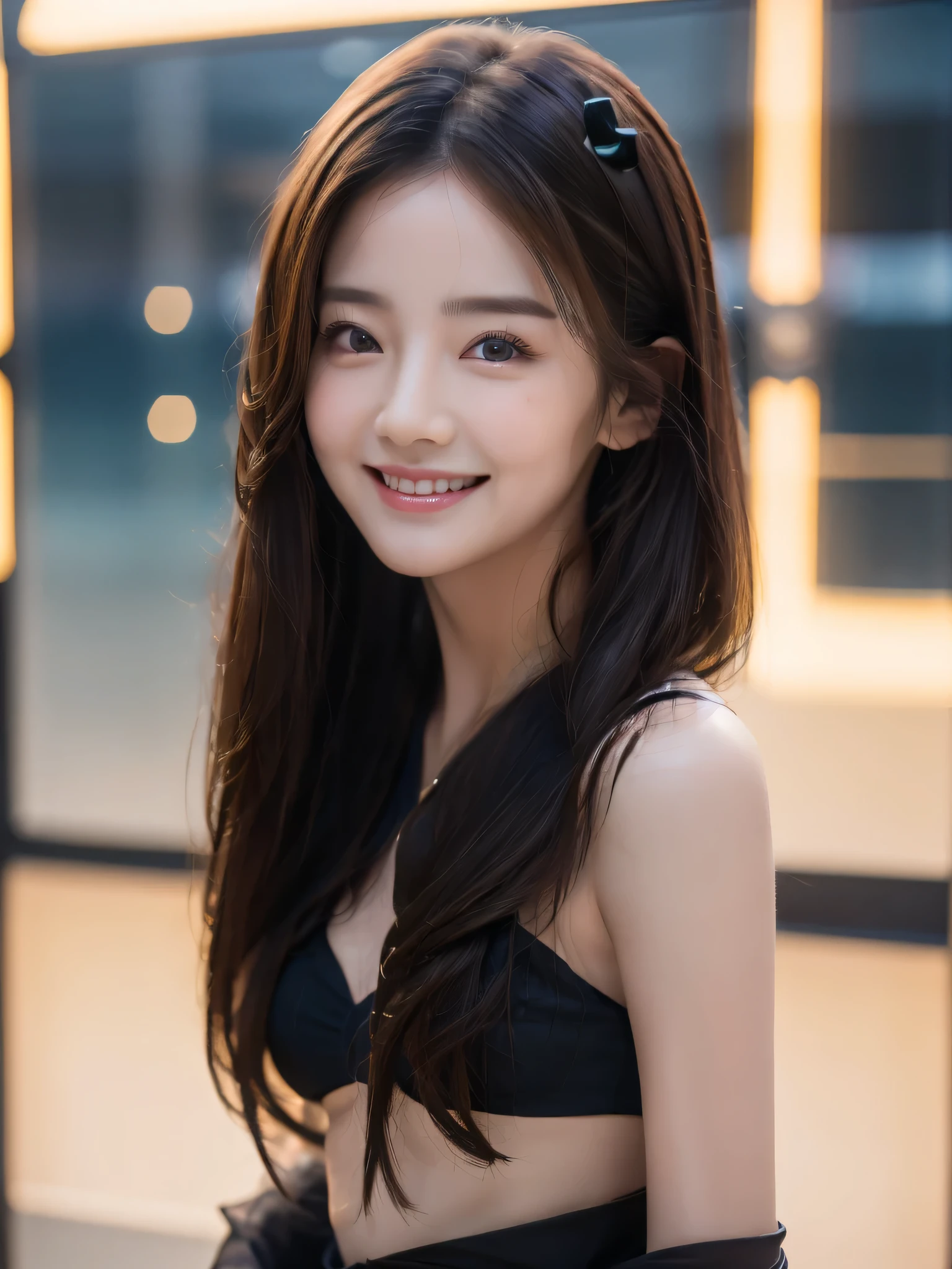 1 attractive mature woman、((highest quality、8K masterpiece:1.3))、sharp focus:1.2、(super beautiful face:1.0)、(shiny skin:1.0)、realistic pictures、black haired、video writing、High resolution eyes and face、video writing、(cute korean actress)、from the front、beautiful breasts、smile、The beauty of slender abs、whole body、Wearing a see-through T-shirt、on the beach at night