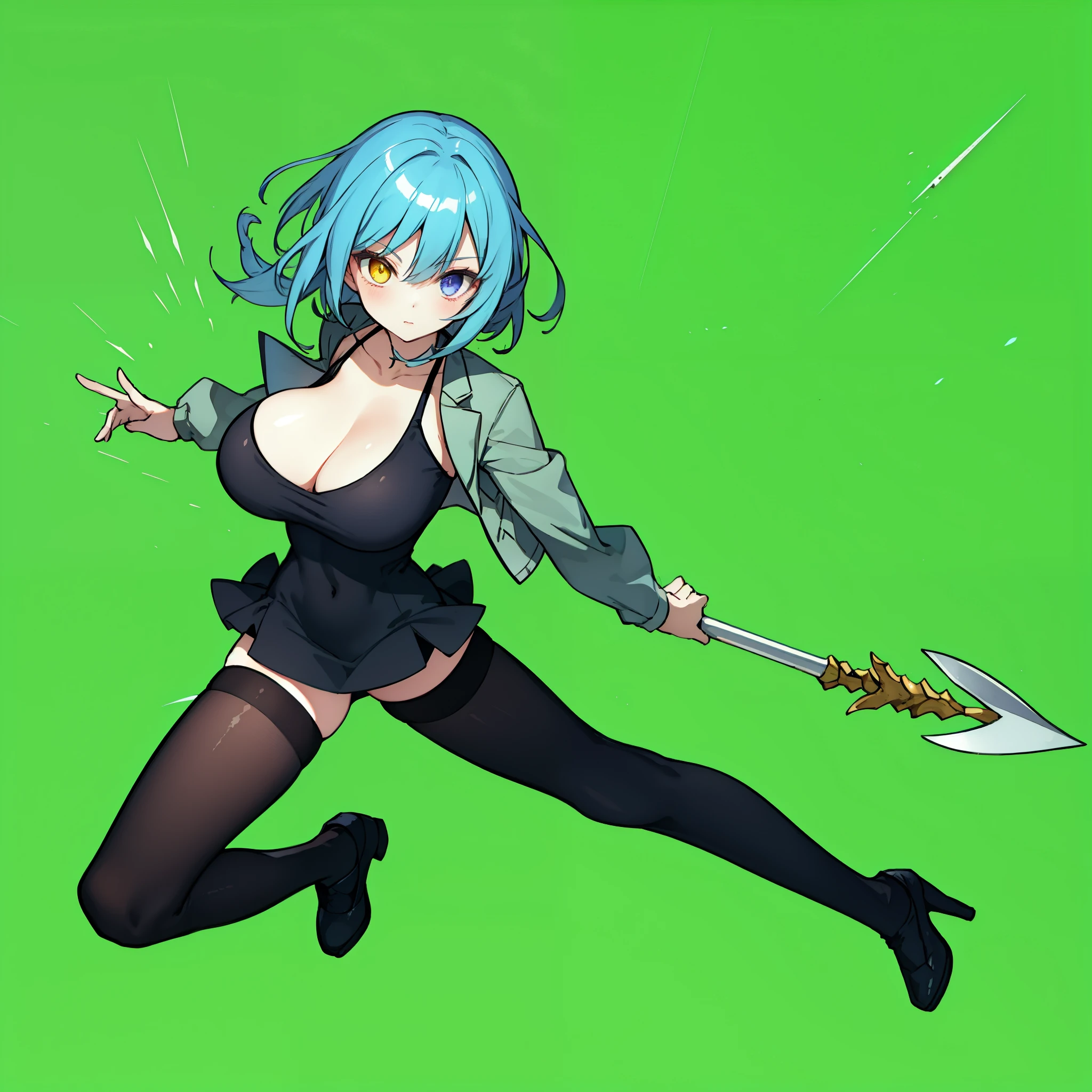 1 skinny girl, solo, light blue hair, red and purple heterochromia, bending back, looking at viewer, BREAK, black plunging neckline short dress, dark yellow cropped jacket, black thighhighs, BREAK, (bouncing unaligned huge breasts:1.2), very short torso, (inconceivably narrow waist), thin long legs, BREAK , holding a spear