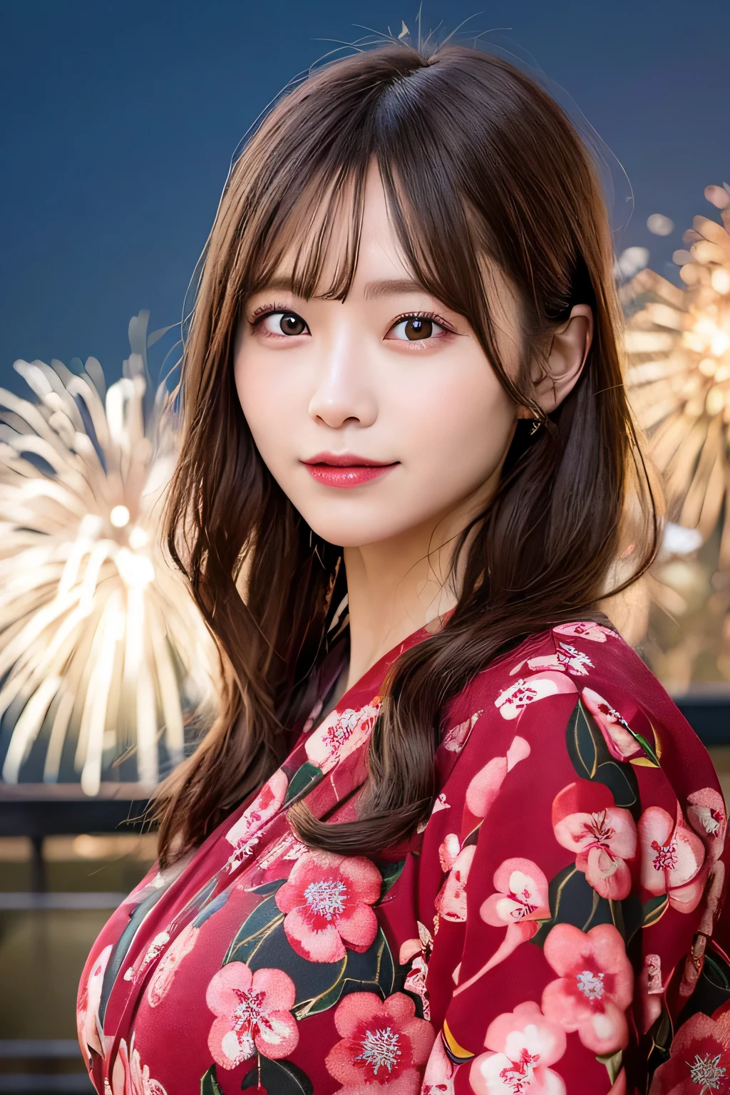 ((highest quality、8k wallpaper:1.3、masterpiece:1.3))、beautiful woman with perfect style:1.4、thin abs:1.2、beautiful face、delicate eyes、((dark brown hair、beaver、huge tit:1.2))、(Reddish、、Floral、kimono、:1.1)、Fireworks display:1.2、Highly detailed face and skin texture、detailed eye、double eyelid、Fireworks display、laughter