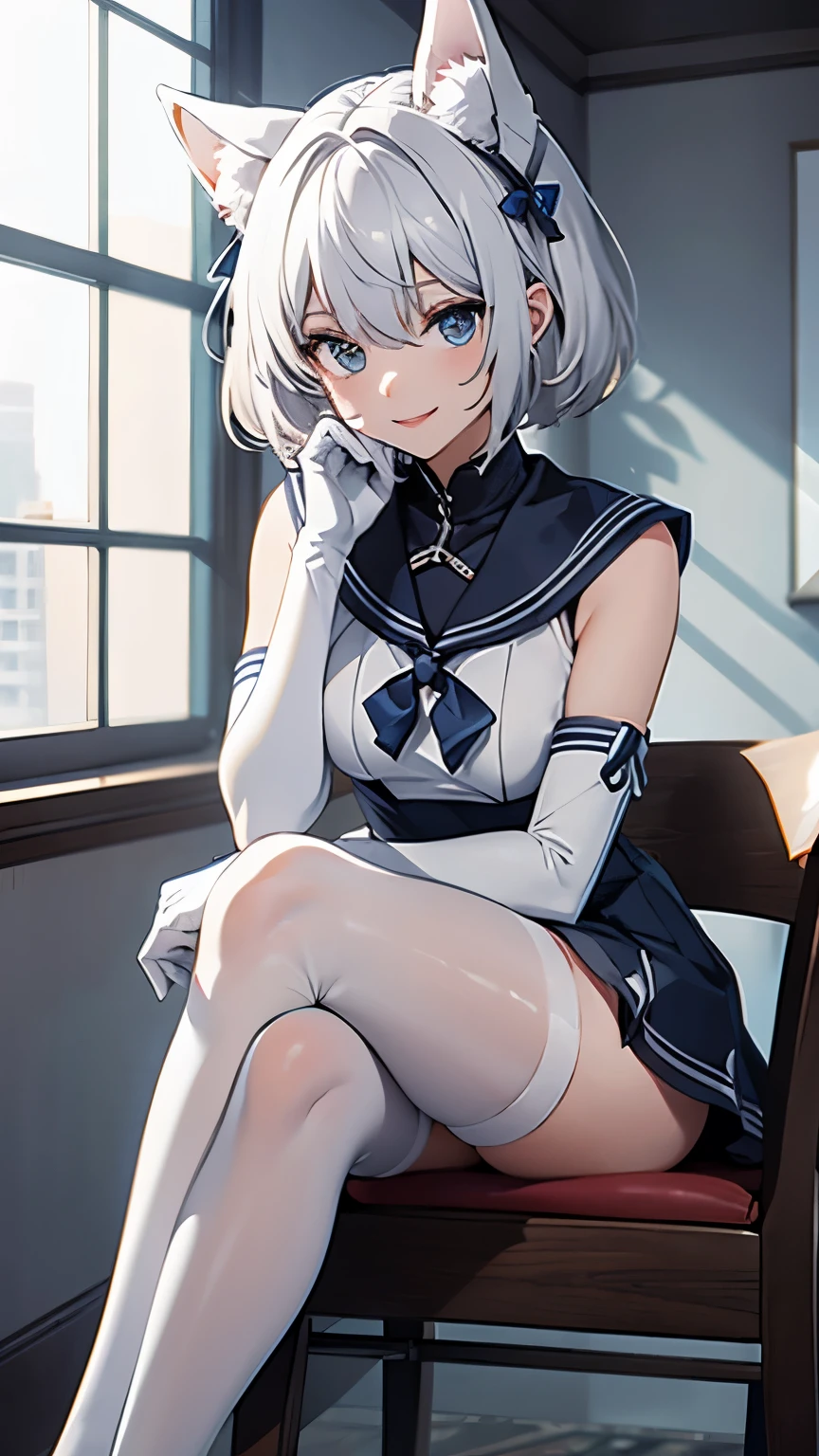table top High level image quality best image quality 8k adult woman portrait white long gloves(elbow gloves) white pantyhose sailor suit(Sleeveless mini skirt white wolf ears short hair((shortcut)(gray hair)(perm)(fluffy)) eye color is blue attractive face((laughter)(smile)(open your mouth)) beautiful feet sit on a chair