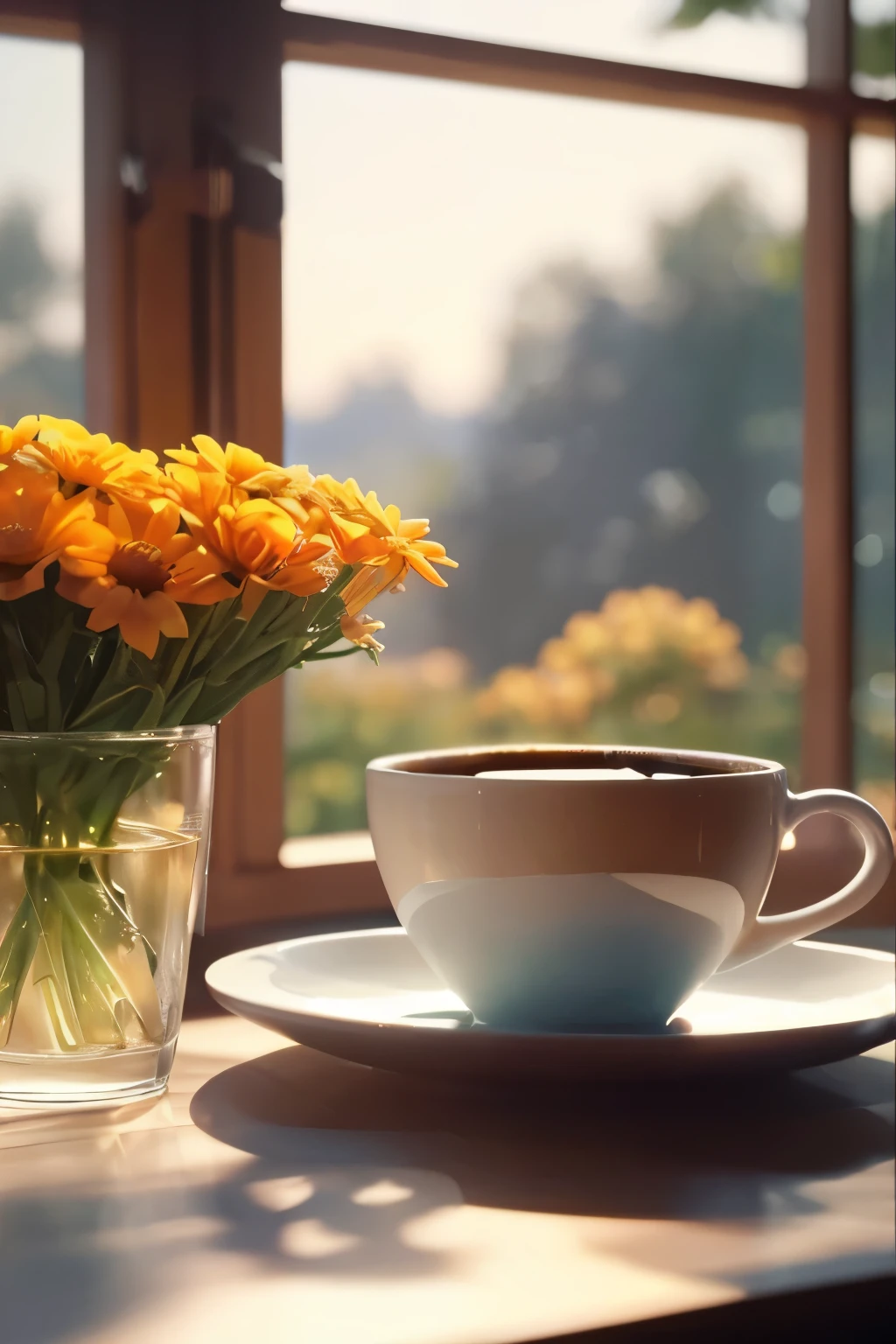 Holding a cup of coffee on the table with his right hand.there is a vase, Morning coffee, soft morning sunlight, Morning time, Morning mood, shining morning sunlight, Summer morning sunshine, In the morning, Early morning mood, In the morning light, beautiful morning, Morning golden time, Early morning, harsh morning sunlight, golden morning light, Early morning light, Clear amber morning light