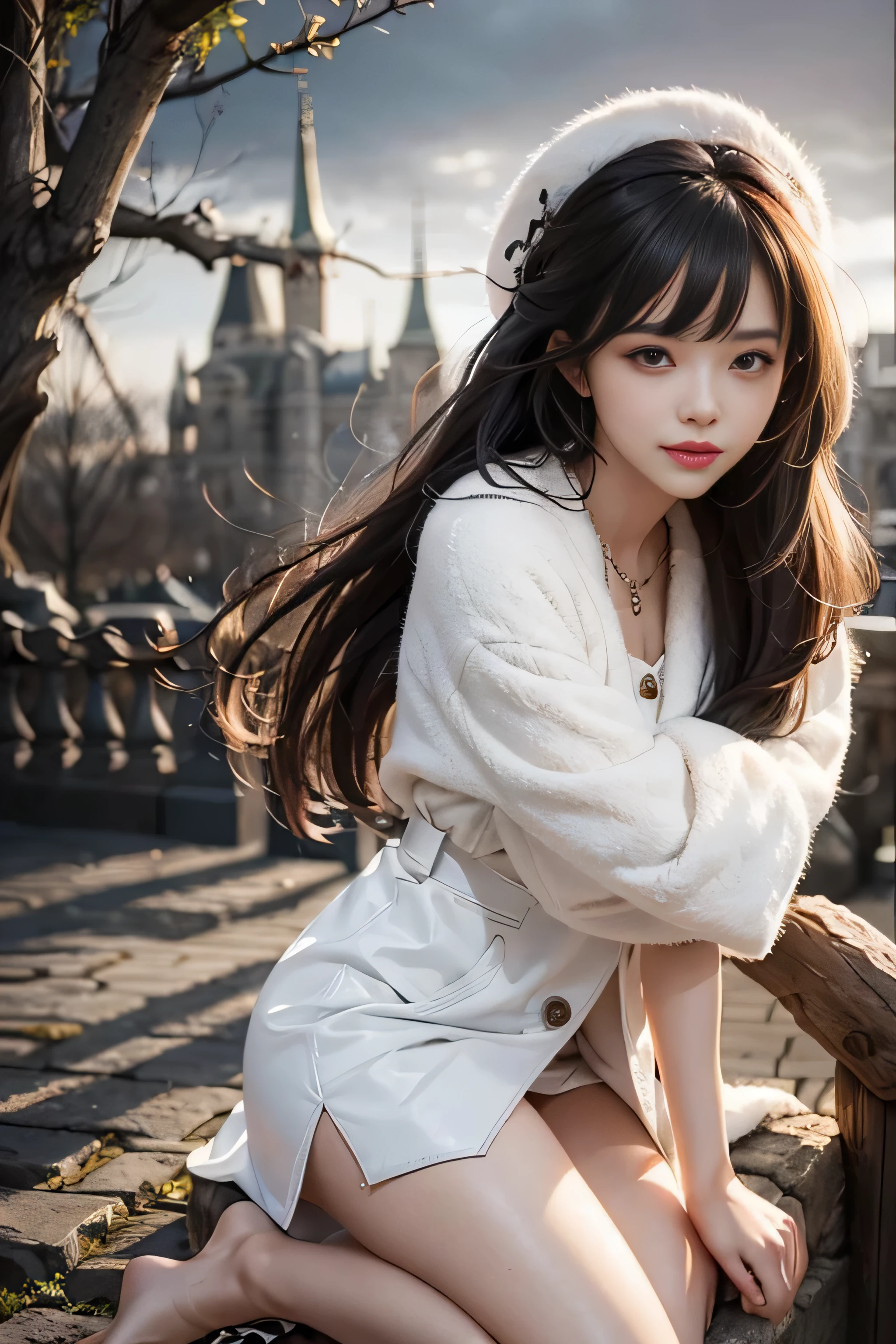 (Girl walking in lakeside park）(surreal)、(enlightenment)、(High resolution)、(8k)、(非常にbe familiar with)、(Best Illustration)、(detailed and beautiful eyes)、(highest quality)、(超be familiar with)、(masterpiece)、(wallpaper）、（detailed face）、alone、1 girl、looking at the viewer、be familiar with、detailed face、in the dark night、deep shadow、discreet key、Pure erotic face ace_v1、laughter、(Straight long hair of maroon color)、46 point diagonal bangs、(white fur half coat)、(black leather mini skirt)、(barefoot)、(White Half Boots)、(Old European castles are hazy in the background)