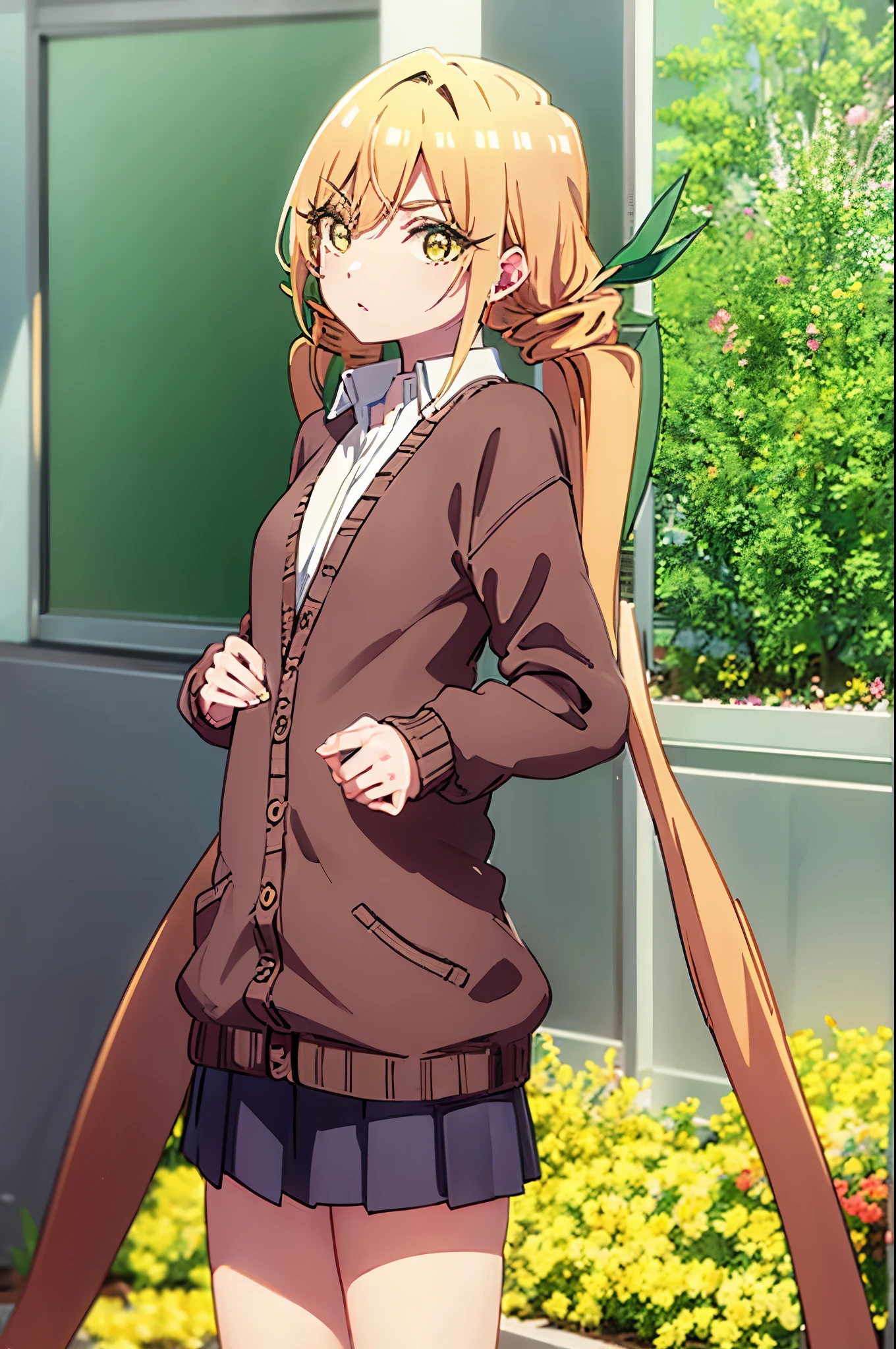 karaneinda, karane inda, blonde hair, (yellow eyes:1.5), hair ribbon, twintails, low twintails, long hair, (green ribbon:1.2), BREAK skirt, shirt, school uniform, white shirt, pleated skirt, cardigan, white shirt, collar, black skirt, brown cardigan, long sleeves, BREAK looking at viewer, BREAK indoors, classroom, (cowboy shot:1.5), BREAK (masterpiece:1.2), best quality, high resolution, unity 8k wallpaper, (illustration:0.8), (beautiful detailed eyes:1.6), extremely detailed face, perfect lighting, extremely detailed CG, (perfect hands, perfect anatomy),