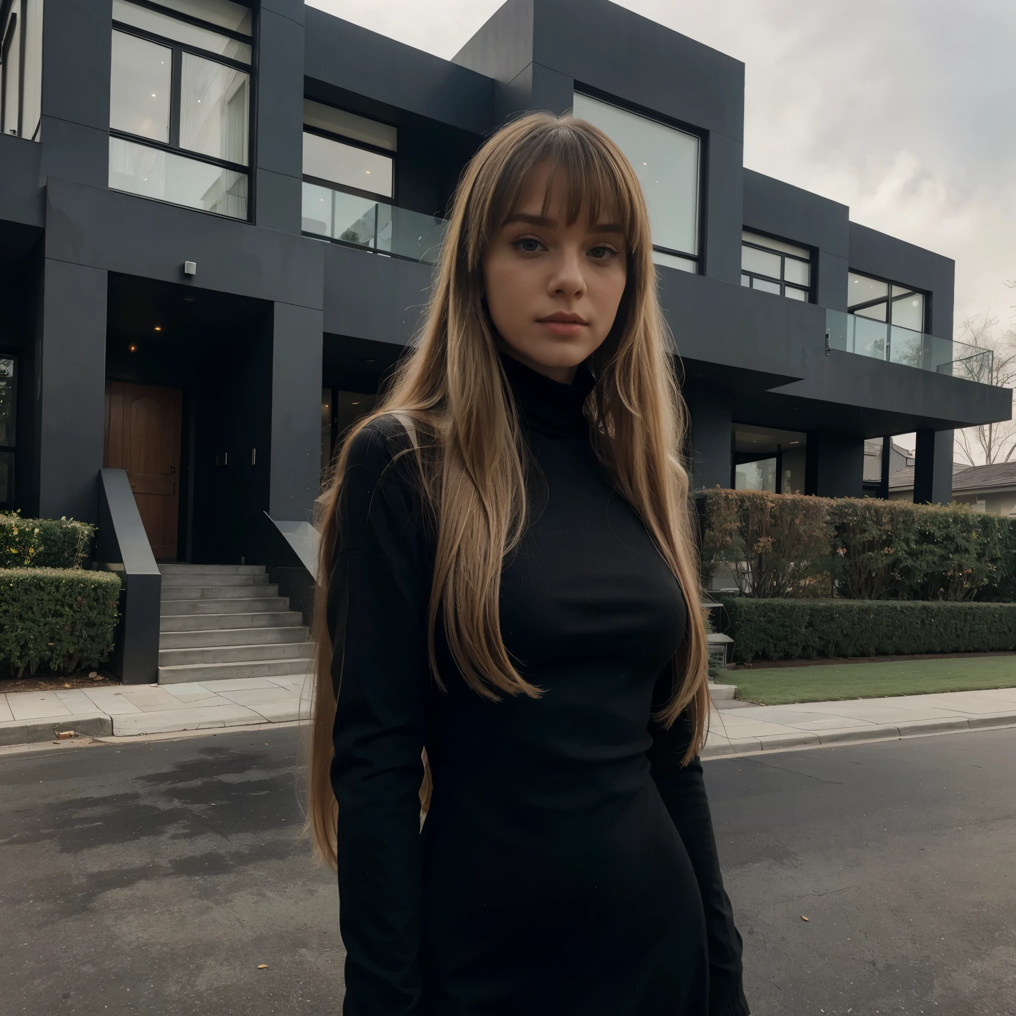 swiss girl with blonde long hair with bangs wearing a Black turtleneck dress with a big modern mansion in a neighborhood in Bel-Air background on a foggy day