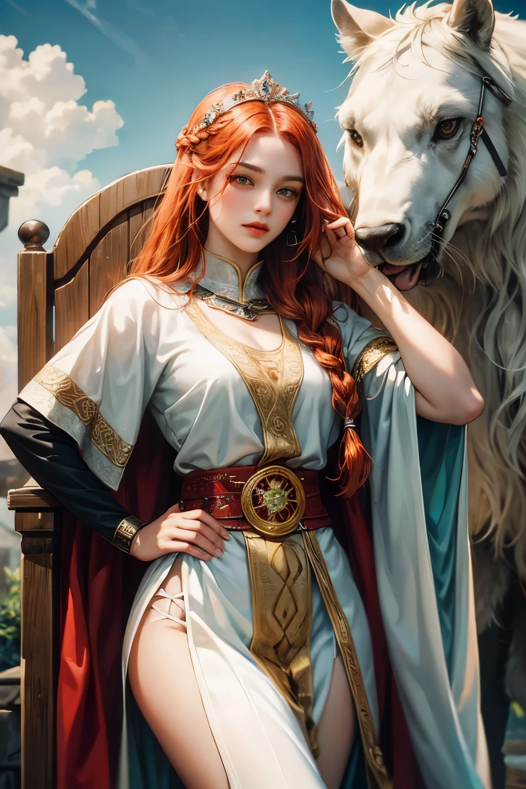 1 mulher,A Viking warrior with long braided red hair,olhos verdes, sardas, thin lips,rosto redondo,seios grandes,quadril largo, guerreira viking segurando espada, sentada em um trono forrado com pele de urso

