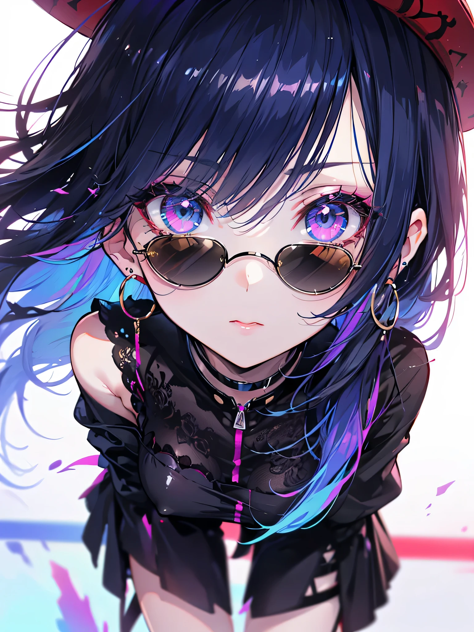 The middle of a journey,(((Super detailed, 8K quality))),,hair above one eye, red eyes, clear eyes, choker, open jacket,anime style, movie portrait photography, 1 female, 22 years ago,椅子にsit、cross your legs、blue eye background, big and full breasts, anger, (scarlet hair), long hair, purple eyes, wearing a short black dress, (natural skin texture vivid details, surreal, (realistic detailed eyes, natural skin texture, realistic facial details), Depth of written boundary, Bokeh, vivid details, surreal, 35mm movie, hazy blur, ,lipstick, ear piercing, eye shadow, hoop earrings, red pink lips, 多色のred eyes, purple theme,Wear an iridescent aura,beautiful eyes,stand in front of the red gate、leaning forward,hanging bangs,sit,sunglasseain colors are white and purple