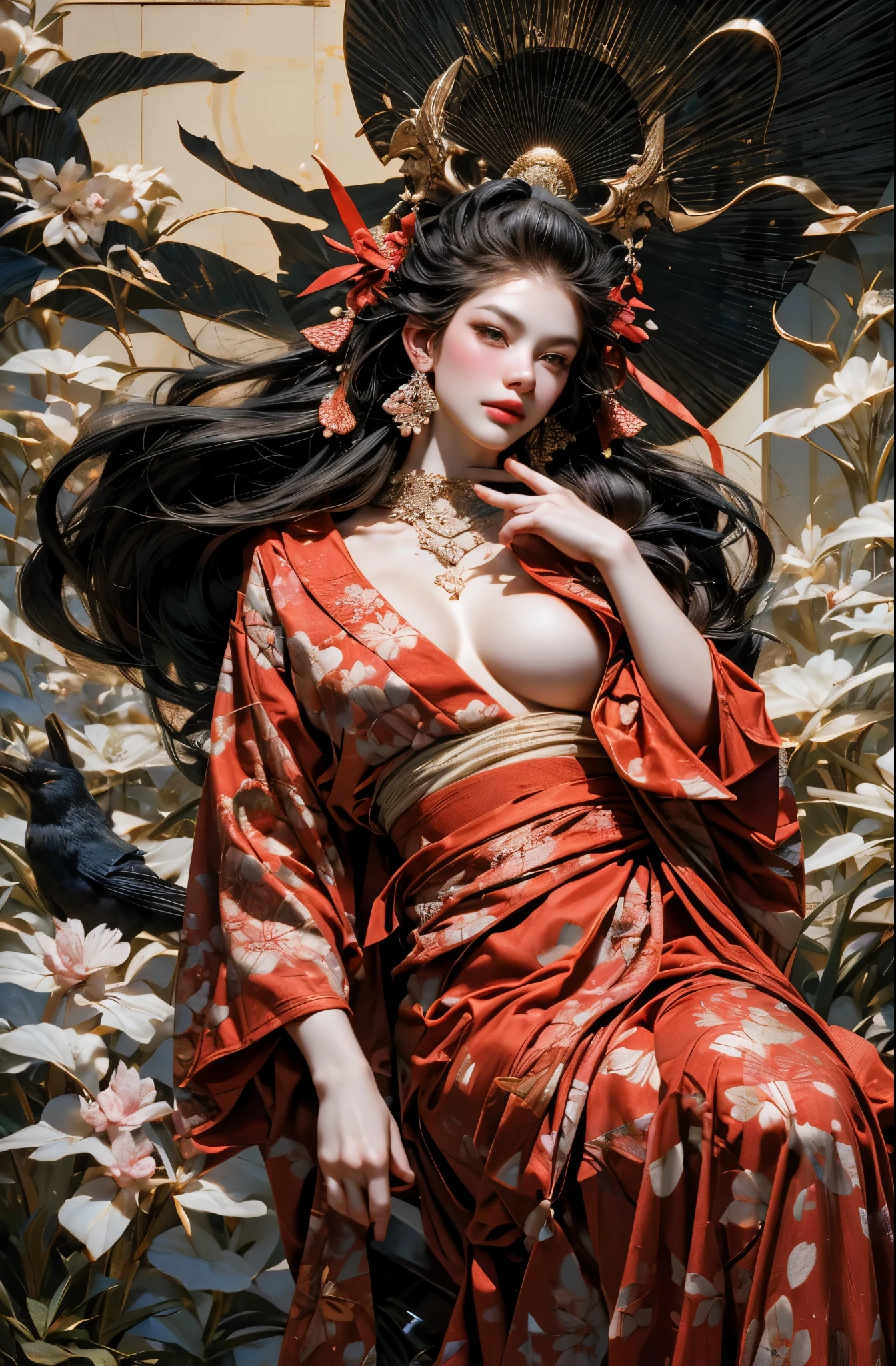 Umalinda warrior sexy, pretty face, Delicious Company, Alluring figure, Wearing a sexy open kimono. The artwork is created in a medium reminiscent of Japanese ink paintings....., 具有大胆的笔触和Monochromatic color palette. artist&#39;Masterful technique reveals the intensity and power of the image&#39;sense of presence，with the highest quality, Perfectly capture every detail with ultra-high resolution. Textures and intricate patterns on kimonos are rendered with extreme precision. Lighting is carefully designed，Enhance drama, Features deep shadows and subtle highlights. General, The artwork exudes elegance and power, Combining traditional Japanese aesthetics with a modern feel. Monochromatic color palette, Combine details, Create captivating and immersive experiences for your audience.