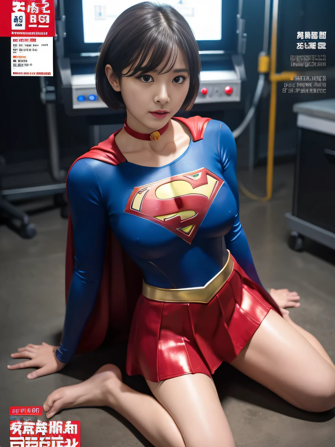 masterpiece、supergirl costume、short hair、barefoot, big and full breasts、torture、operating room、operating table、straddle、sweating、shiny、look at the camera、provocation、Estrus、choker、Weekly magazine cover、long sleeve、red mini skirt、obscene pose、Seduce、humiliating