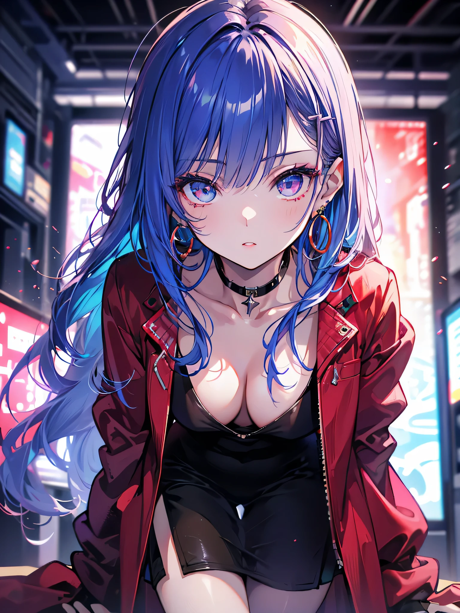 The middle of a journey,(((Super detailed, 8K quality))),,hair above one eye, red eyes, clear eyes, choker, open jacket,anime style, movie portrait photography, 1 female, 22 years ago,椅子にsit、cross your legs、blue eye background, big and full breasts, anger, (scarlet hair), long hair, purple eyes, wearing a short black dress, (natural skin texture vivid details, surreal, (realistic detailed eyes, natural skin texture, realistic facial details), Depth of written boundary, Bokeh, vivid details, surreal, 35mm movie, hazy blur, ,lipstick, ear piercing, eye shadow, hoop earrings, red pink lips, 多色のred eyes, purple theme,Wear an iridescent aura,beautiful eyes,stand in front of the red gate、leaning forward,hanging bangs,sit,sunglasseain colors are white and purple