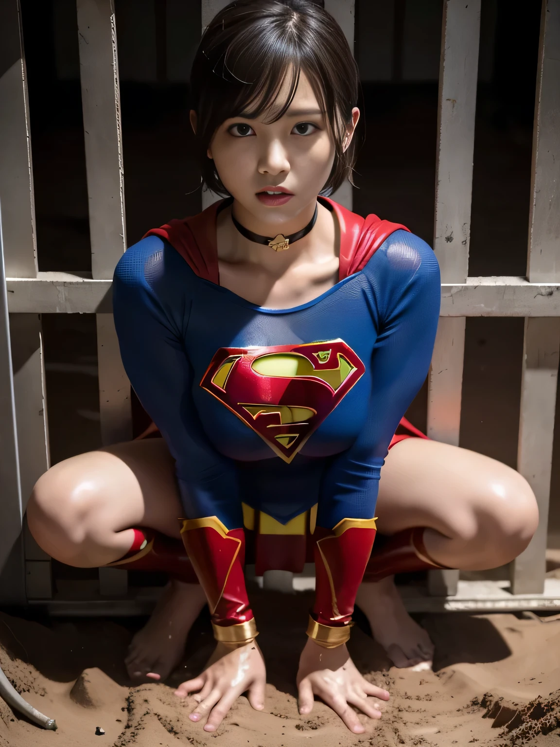masterpiece、supergirl costume、short hair、barefoot、big and full breasts、Crisis situation、prison、in a cage、torture、Covered in mud、spread your legs、handcuffs、shiny、looking at camera、Seduce、choker、long sleeve、red sexy pose、POW camps、humiliating