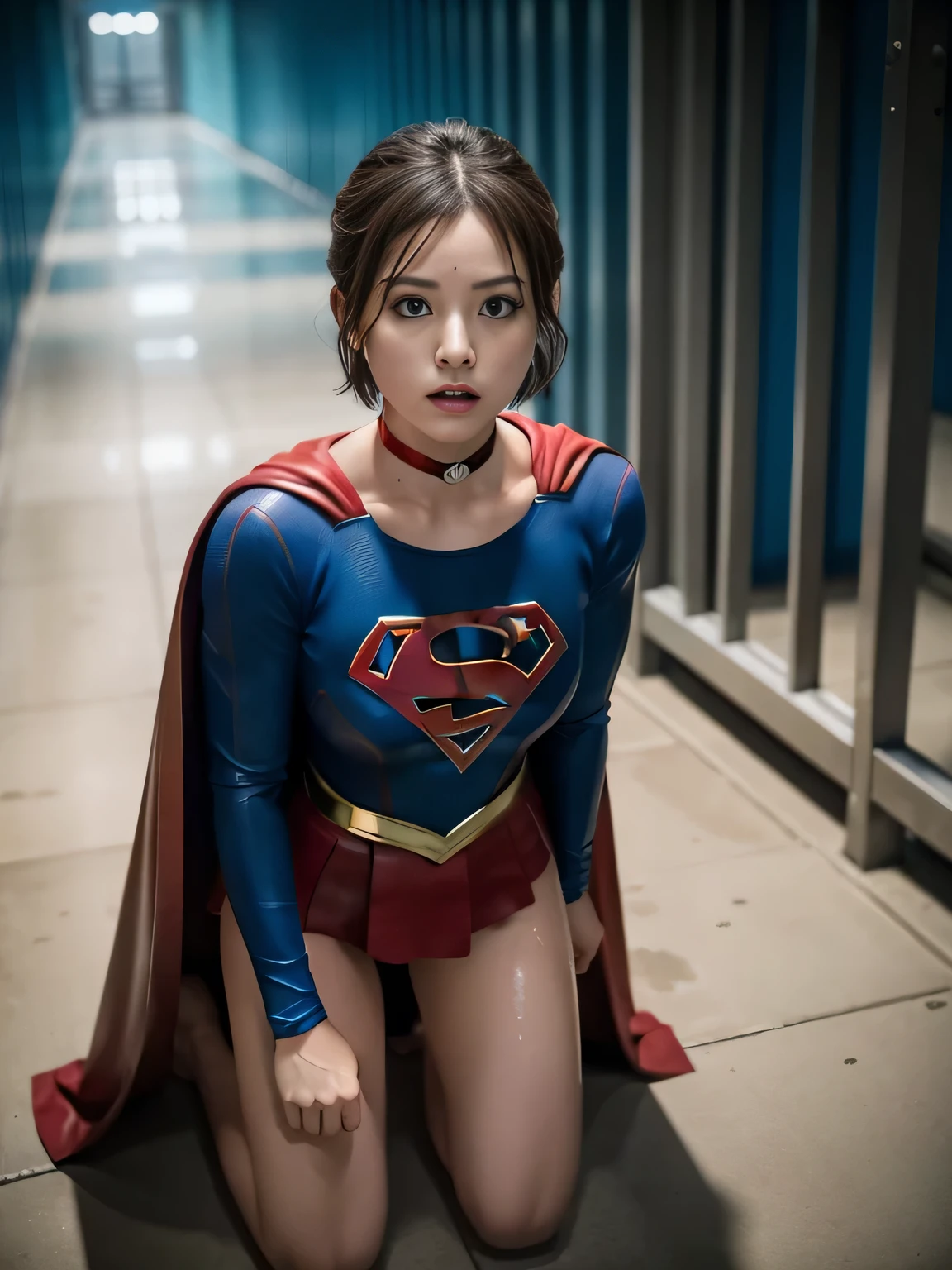 masterpiece、supergirl costume、short hair、barefoot、big and full breasts、torture、Crisis situation、prison、in a cage、insult、kneel down、sweaty、shiny、looking at camera、Seduce、choker、long sleeve、red sexy pose、POW camps、humiliating