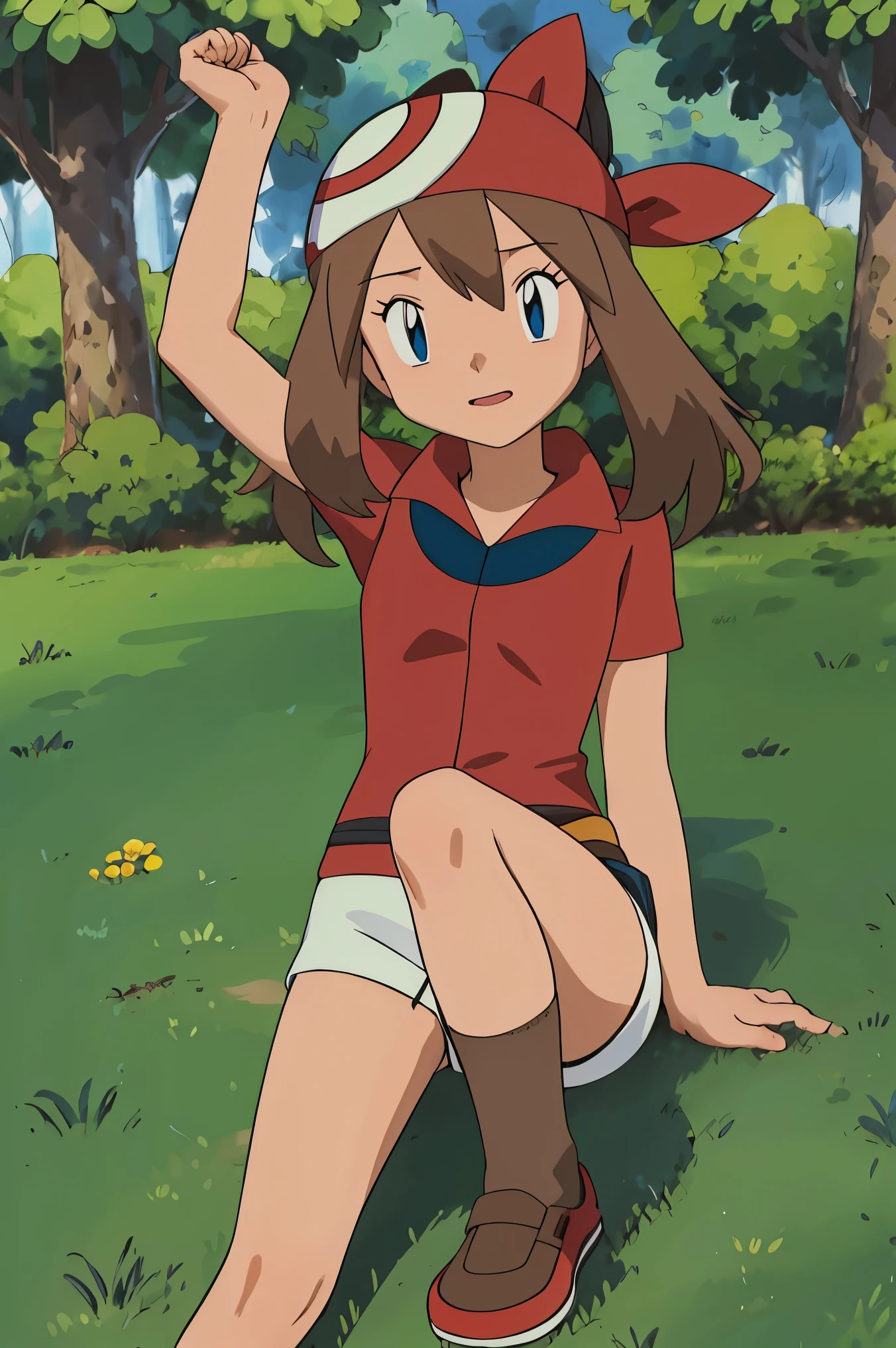 masutepiece, Best Quality, hight resolution, Outdoors, 1girl in, Solo, May (The pokemon), (((Brown hair))), bandana, (((lying,))) , (forrest:1.1), Lifting one leg