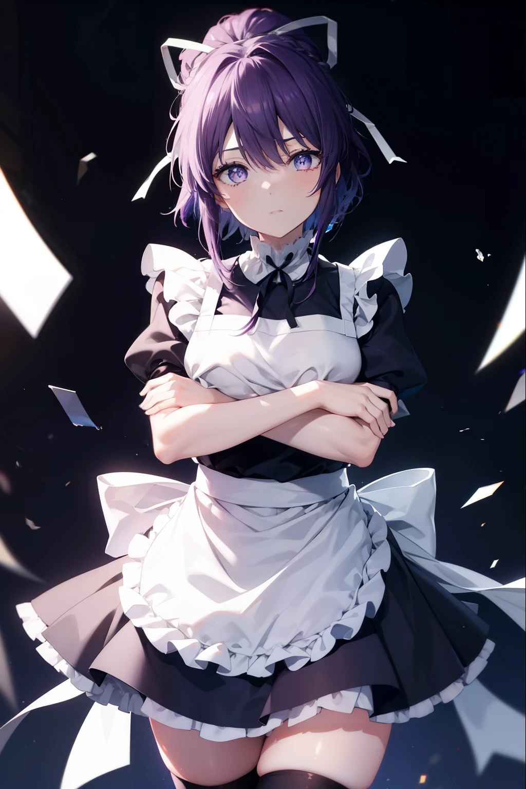 kaorikanzaki, kaori kanzaki, long hair, ponytail, (purple eyes:1.1), purple hair, ribbon, hair ribbon, break apron, black ribbon, black skirt, black sleeves, removed collar, removed sleeve, embarrassing,mouth open,angry,frillsエプロン, frilled skirt, frills, head wreath, long sleeve, maid, miniskirt, neck ribbon, purple ribbon, ribbon, ribbon trim, ribbon-trimmed sleeves, roswaal mansion maid uniform, short hair, skirt, Thighhighs, waist apron, white apron, white Thighhighs,arms crossed,
break looking at viewer, Upper body, whole body,
break indoors,coffee shop,
break (masterpiece:1.2), highest quality, High resolution, unity 8k wallpaper, (figure:0.8), (detailed and beautiful eyes:1.6), highly detailed face, perfect lighting, Very detailed CG, (perfect hands, perfect anatomy),