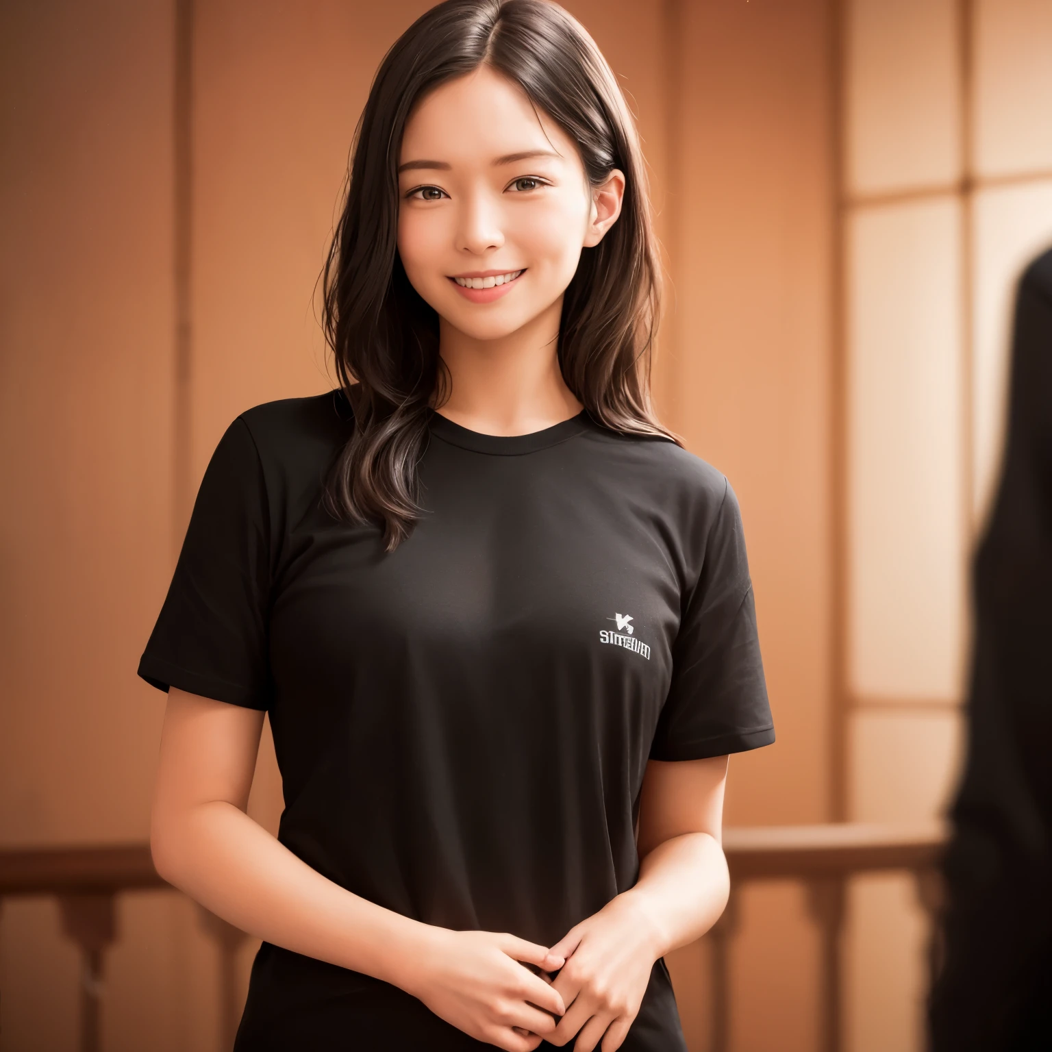 Female staff,3 people lined up facing the front,Black t-shirt,group of friends,Indoor lounge with dark wood walls(8k, RAW photo, best quality, masterpiece:1.2), (realistic, photo-realistic:1.4), (extremely detailed 8k wallpaper), sharp focus, depth of field, blur background, bokeh, cinematic lighting, soft light, upper body, 20 years old,smile