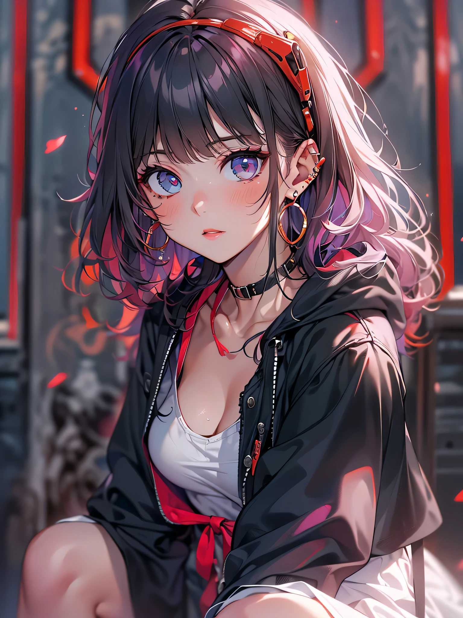 The middle of a journey,(((Super detailed, 8K quality))),,hair above one eye, red eyes, clear eyes, choker, open jacket,anime style, movie portrait photography, 1 female, 22 years ago,椅子にsit、cross your legs、blue eye background, big and full breasts, anger, (scarlet hair), long hair, purple eyes, wearing a short black dress, (natural skin texture vivid details, surreal, (realistic detailed eyes, natural skin texture, realistic facial details), Depth of written boundary, Bokeh, vivid details, surreal, 35mm movie, hazy blur, ,lipstick, ear piercing, eye shadow, hoop earrings, red pink lips, 多色のred eyes, purple theme,Wear an iridescent aura,beautiful eyes,stand in front of the red gate、leaning forward,hanging bangs,sit,sunglasseain colors are white and purple