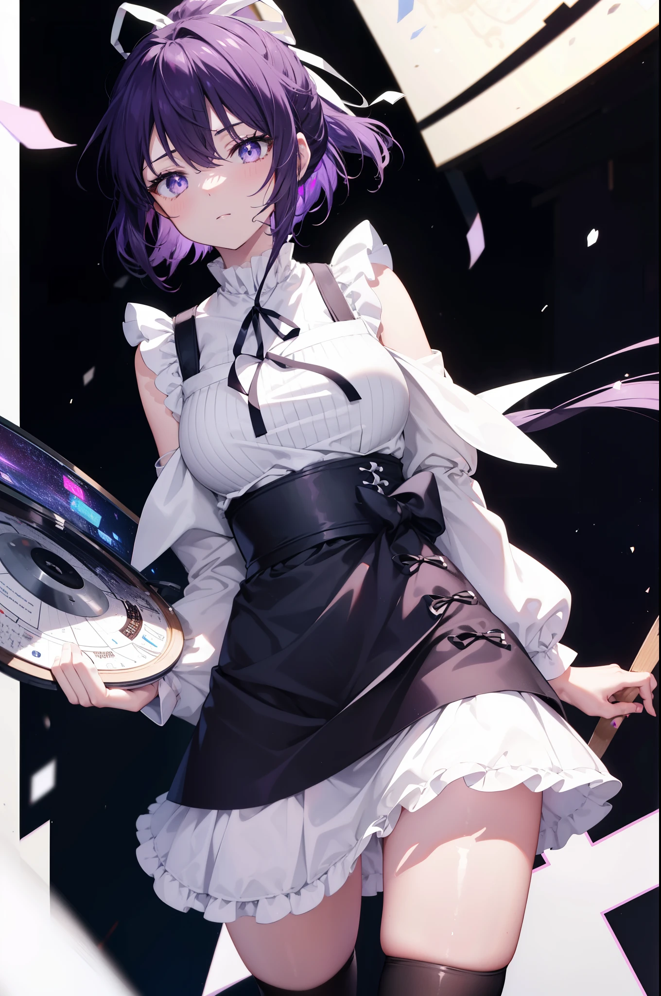 kaorikanzaki, kaori kanzaki, long hair, ponytail, (purple eyes:1.1), purple hair, ribbon, hair ribbon, break apron, black ribbon, black skirt, black sleeves, removed collar, removed sleeve,I can see your chest,embarrassing,mouth open,angry,frillsエプロン, frilled skirt, frills, head wreath, long sleeve, maid, miniskirt, neck ribbon, purple ribbon, ribbon, ribbon trim, ribbon-trimmed sleeves, roswaal mansion maid uniform, short hair, skirt, Thighhighs, waist apron, white apron, white Thighhighs,arms crossed,
break looking at viewer, Upper body, whole body,
break indoors,coffee shop,
break (masterpiece:1.2), highest quality, High resolution, unity 8k wallpaper, (figure:0.8), (detailed and beautiful eyes:1.6), highly detailed face, perfect lighting, Very detailed CG, (perfect hands, perfect anatomy),