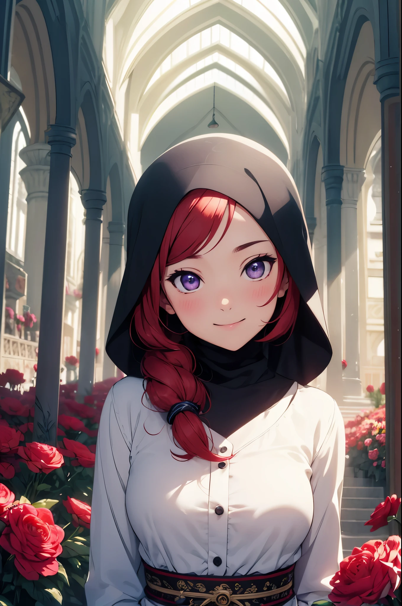 (Masterpiece, Best Quality, High Quality),(chibi),volumetric lighting, illustration, beautiful , Blushing, looking at viewer, flowers printed ,Nishikino maki, purple eyes,red hair, ((wearing islamic hijab:1.2)) , fruits print, looking to the side, confident, smile, (arms behind back, head tilt:1.1),perfect lighting, perfect shadows, flower, (breathtaking scenery:1.1), tree, blushing