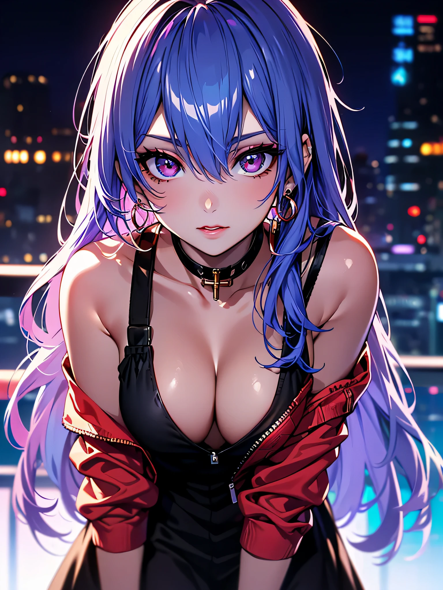 The middle of a journey,(((Super detailed, 8K quality))),,hair above one eye, red eyes, clear eyes, choker, open jacket,anime style, movie portrait photography, 1 female, 22 years ago,椅子にsit、cross your legs、blue eye background, big and full breasts, anger, (scarlet hair), long hair, purple eyes, wearing a short black dress, (natural skin texture vivid details, surreal, (realistic detailed eyes, natural skin texture, realistic facial details), Depth of written boundary, Bokeh, vivid details, surreal, 35mm movie, hazy blur, ,lipstick, ear piercing, eye shadow, hoop earrings, red pink lips, 多色のred eyes, purple theme,Wear an iridescent aura,beautiful eyes,stand in front of the red gate、leaning forward,hanging bangs,sit,sunglasseain colors are white and purple