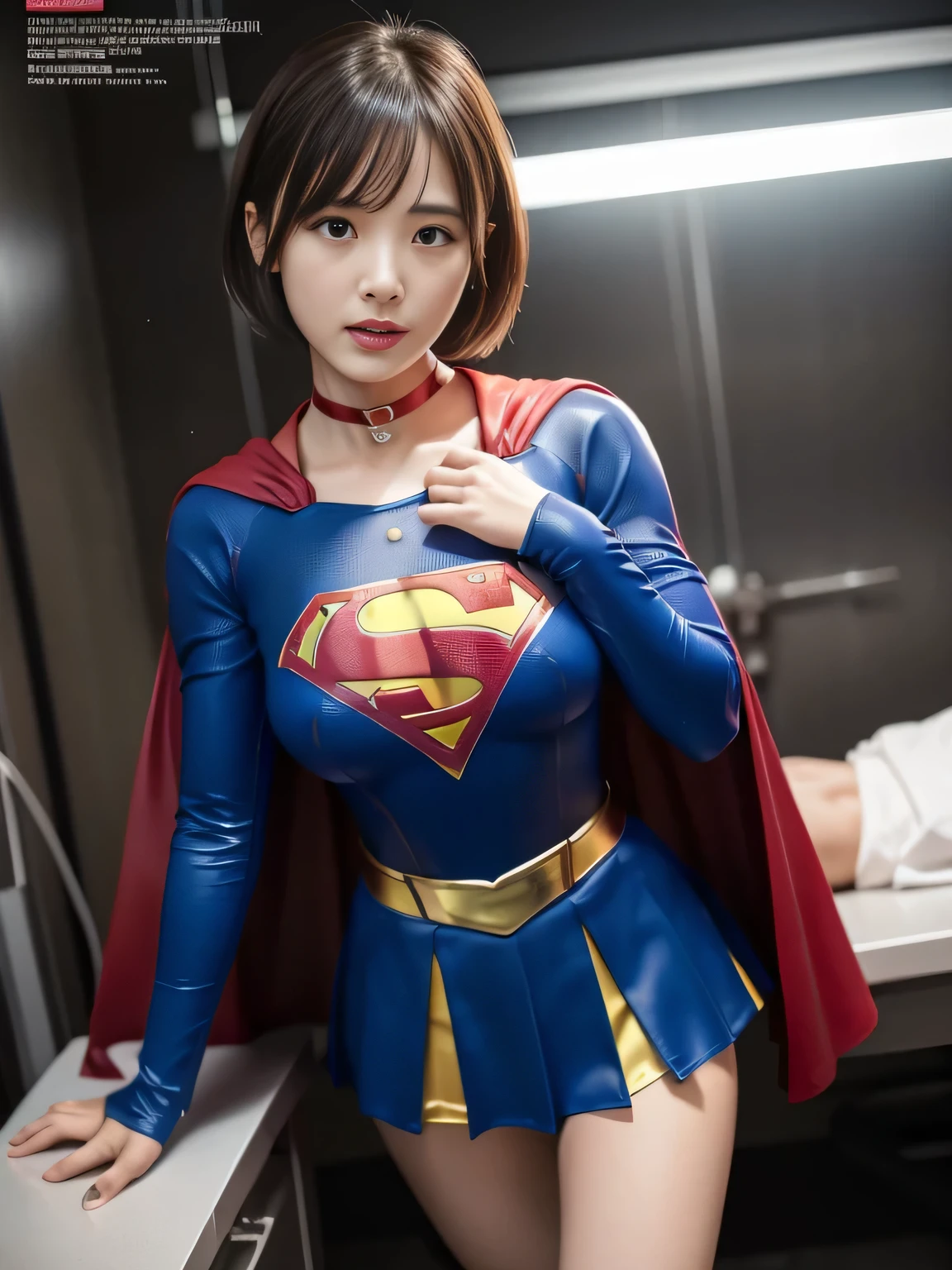 masterpiece、supergirl costume、short hair、barefoot、big and full breasts、torture、operating room、operating table、Crisis situation、straddle、flowing sweat、shiny、look at the camera、provocation、Estrus、choker、Weekly magazine cover、long sleeve、red mini skirt、obscene pose、Seduce、humiliating