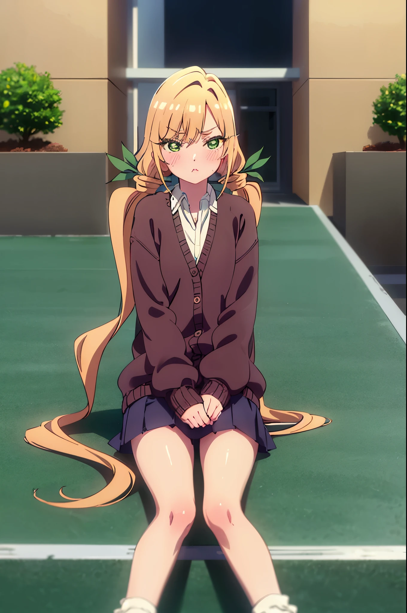 masterpiece, best quality, cowboy shot, looking at viewer, pout, blush, karane inda, very long hair, low twintails, green ribbon, school uniform, cardigan, collared shirt, pleated skirt, loose socks, shoes, sitting on stairs, knees up, outdoors, night, cityscape, 