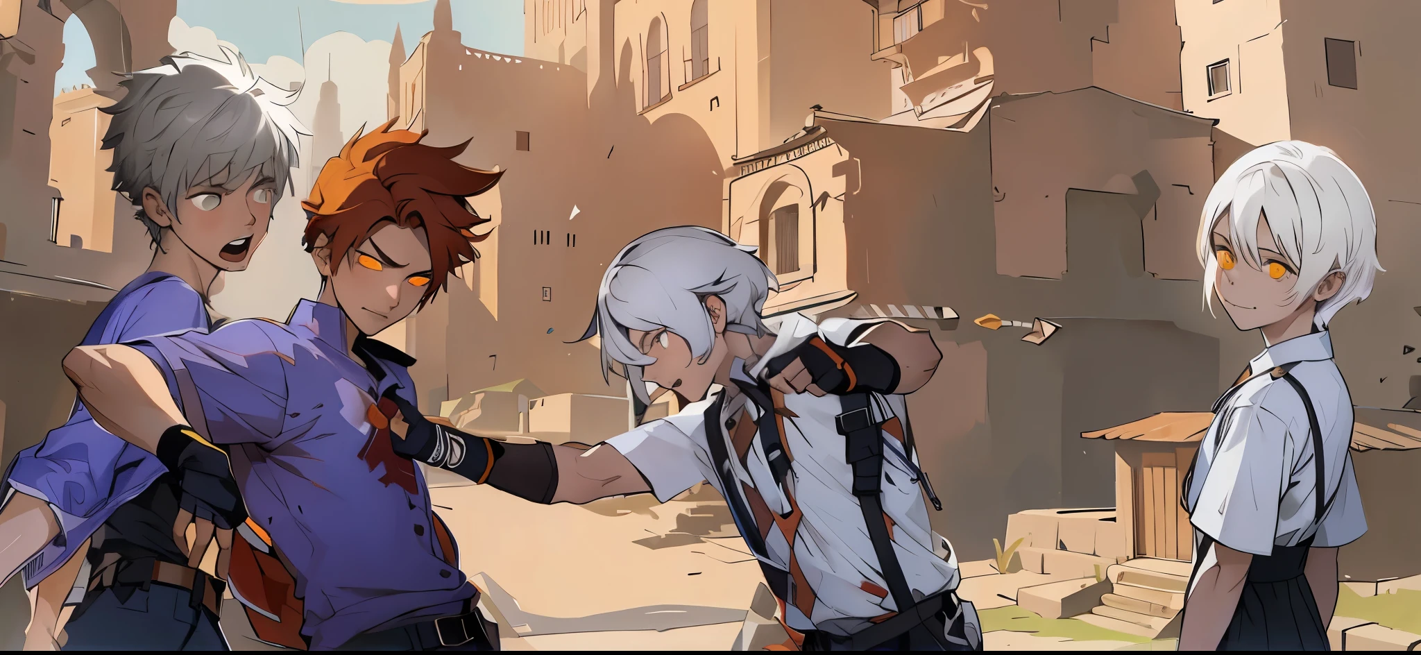 un chico de cabello plateado esta gritando asustado,el chico de cabello naranja sangra en el pecho, is attacked by a white-haired boy