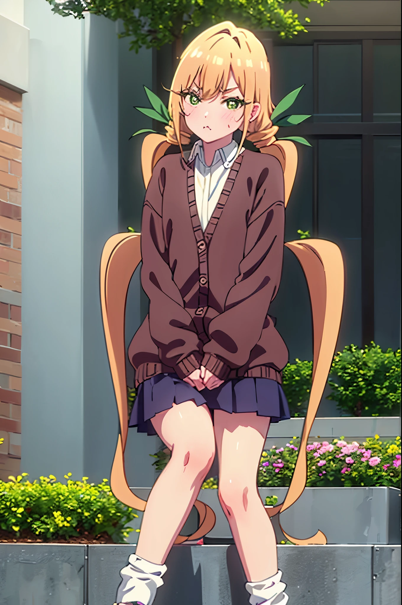 masterpiece, best quality, cowboy shot, looking at viewer, pout, blush, karane inda, very long hair, low twintails, green ribbon, school uniform, cardigan, collared shirt, pleated skirt, loose socks, shoes, sitting on stairs, knees up, outdoors, night, cityscape, 