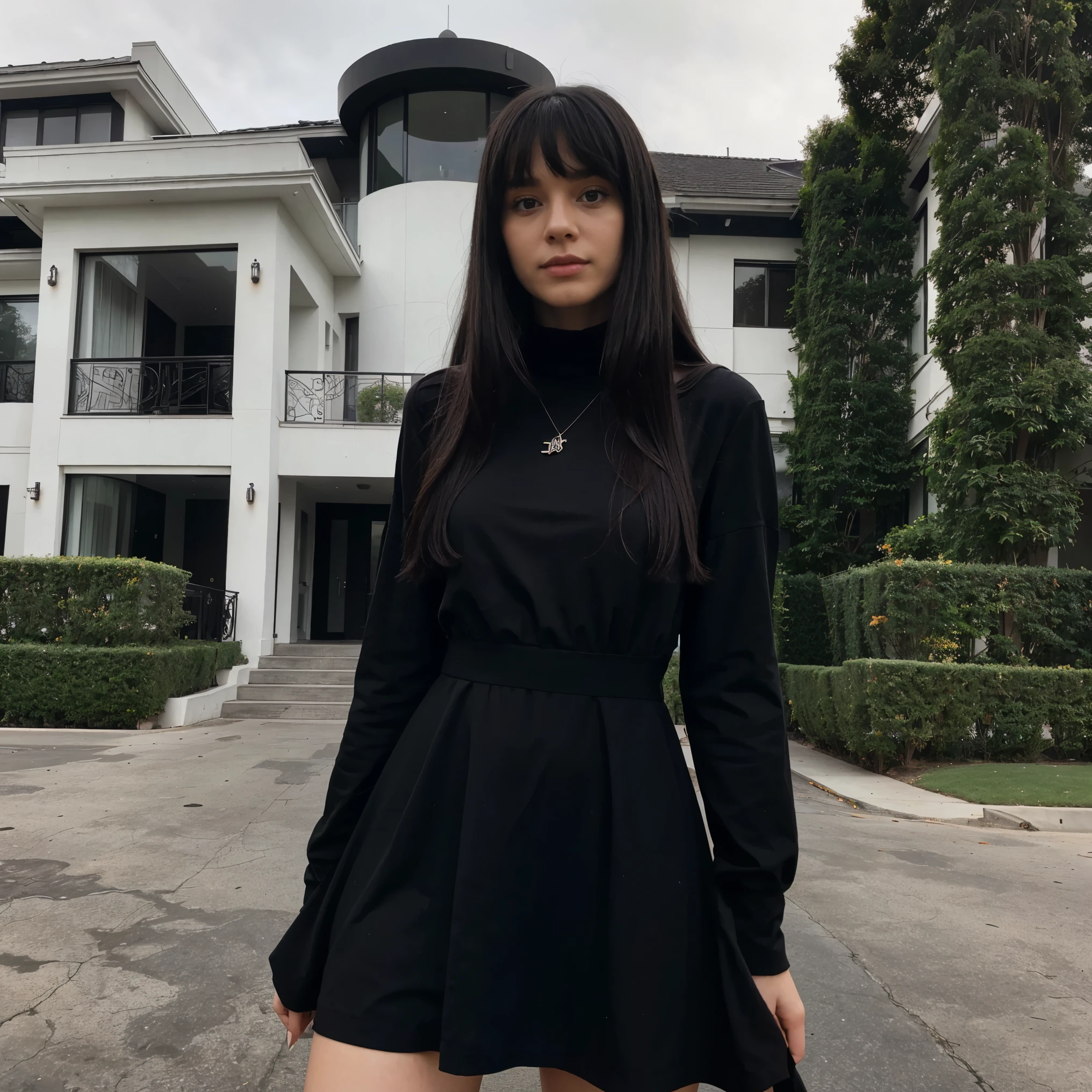 teen swiss girl with black long hair with bangs wearing a Black elegant mini dress with a big modern mansion in a neighborhood in Beverly Hills background on a foggy day