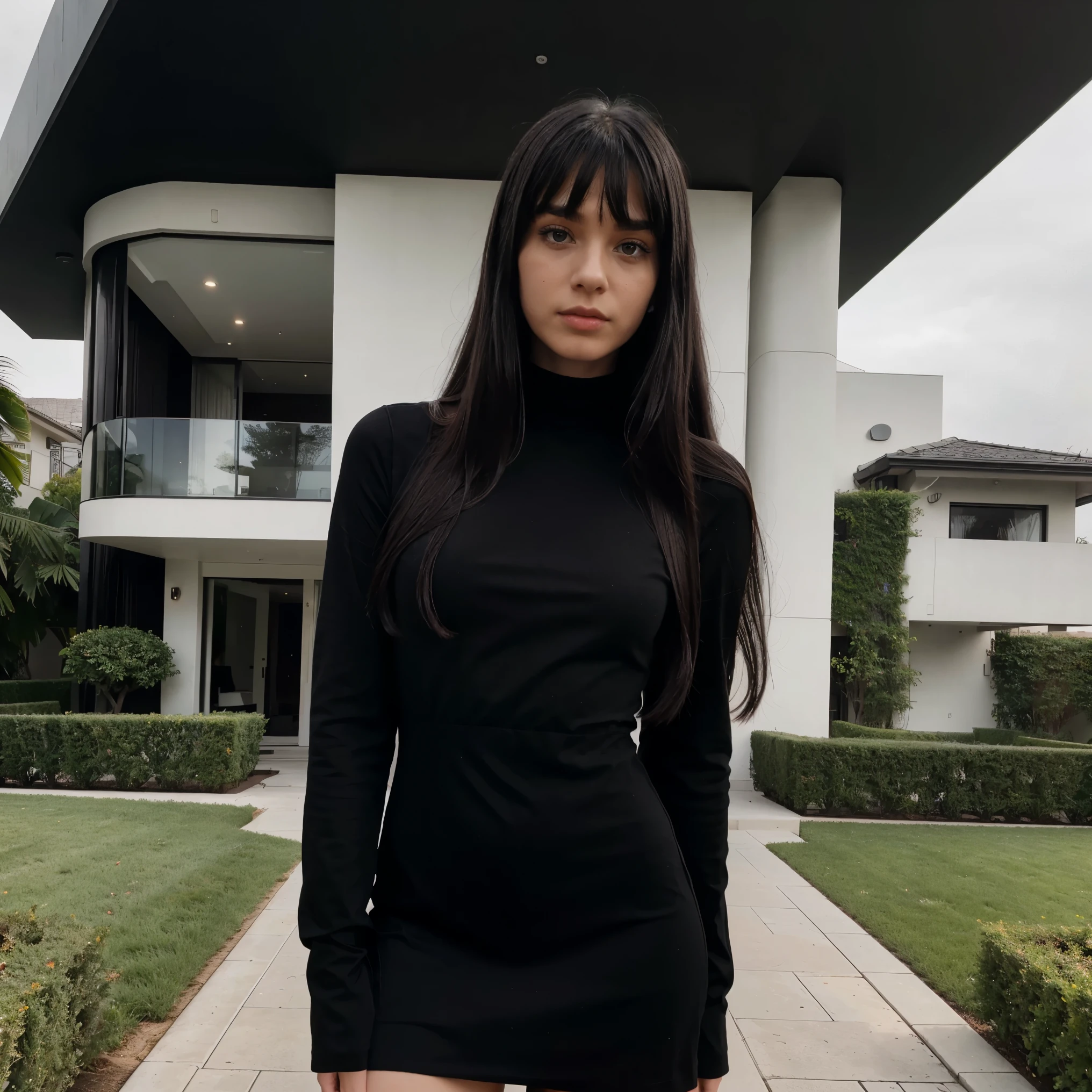 kid girl with black long hair with bangs wearing a white mini tight dress with sleeves outside an blacked out modern mansion on a foggy day, Aesthetic luxury,
