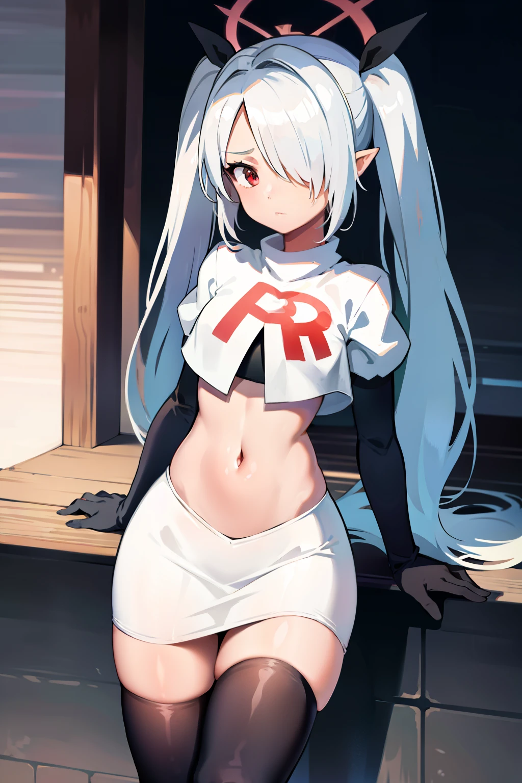 (masterpiece), 1girl, hair over one eye,magical world, shiny steps, beautiful sky, stars, jupiter, ioridef, team rocket,team rocket uniform, red letter R, white skirt,white crop top,black thigh-highs, black elbow gloves