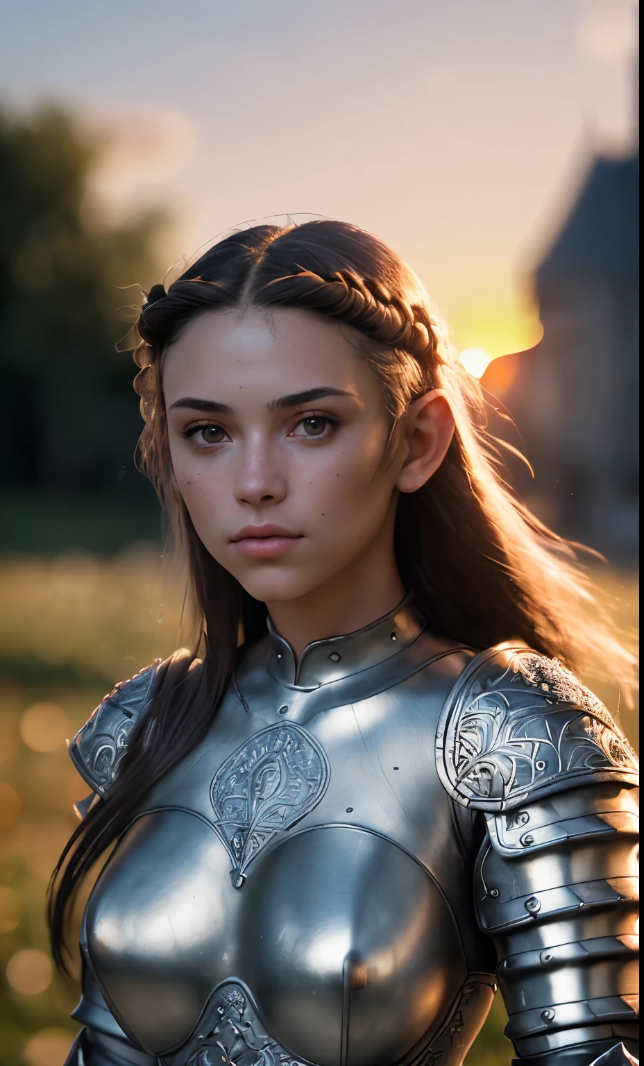 (masterpiece), (extremely intricate:1.3), (realistic), portrait of a girl, the most beautiful in the world, (medieval armor), metal reflections, upper body, outdoors, intense sunlight, far away castle, professional photograph of a stunning woman detailed, sharp focus, dramatic, award winning, cinematic lighting, octane render unreal engine, volumetrics dtx, (film grain, blurry background, blurry foreground, bokeh, depth of field, sunset, motion blur:1.3), chainmail being gang fucked boy goblins