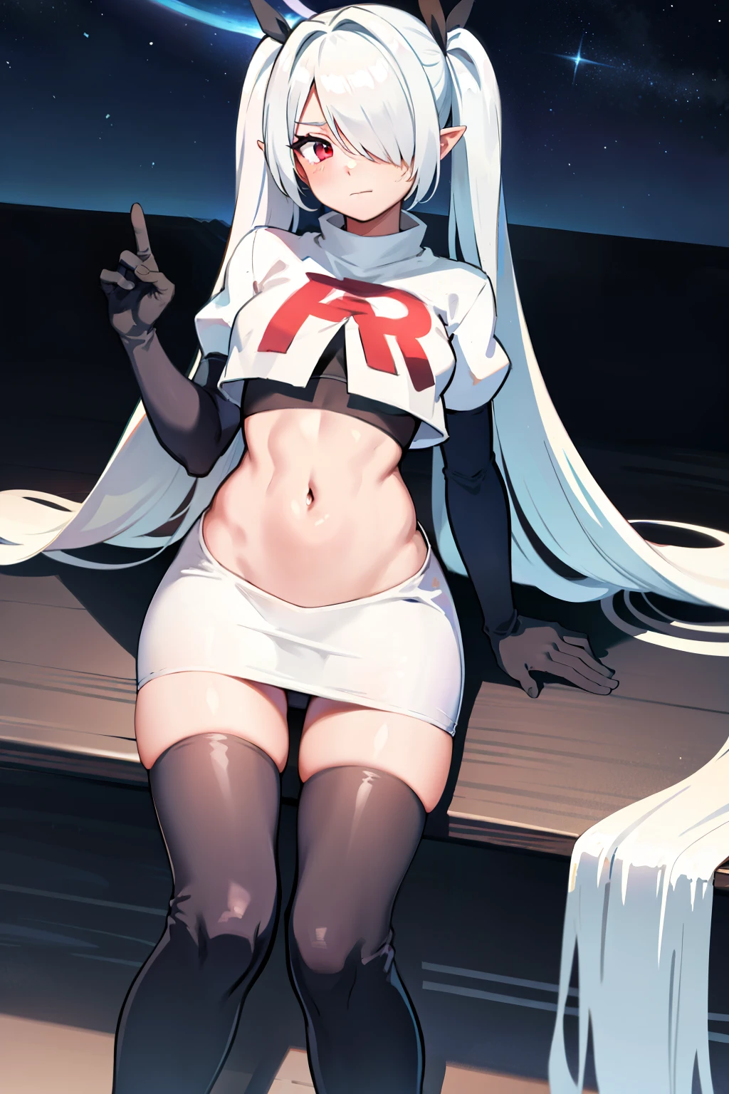 (masterpiece), 1girl, hair over one eye,magical world, shiny steps, beautiful sky, stars, jupiter, ioridef, team rocket,team rocket uniform, red letter R, white skirt,white crop top,black thigh-highs, black elbow gloves