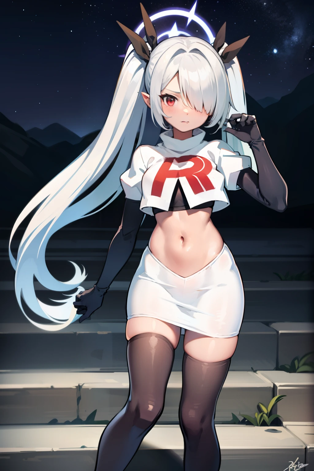 (masterpiece), 1girl, hair over one eye,magical world, shiny steps, beautiful sky, stars, jupiter, ioridef, team rocket,team rocket uniform, red letter R, white skirt,white crop top,black thigh-highs, black elbow gloves