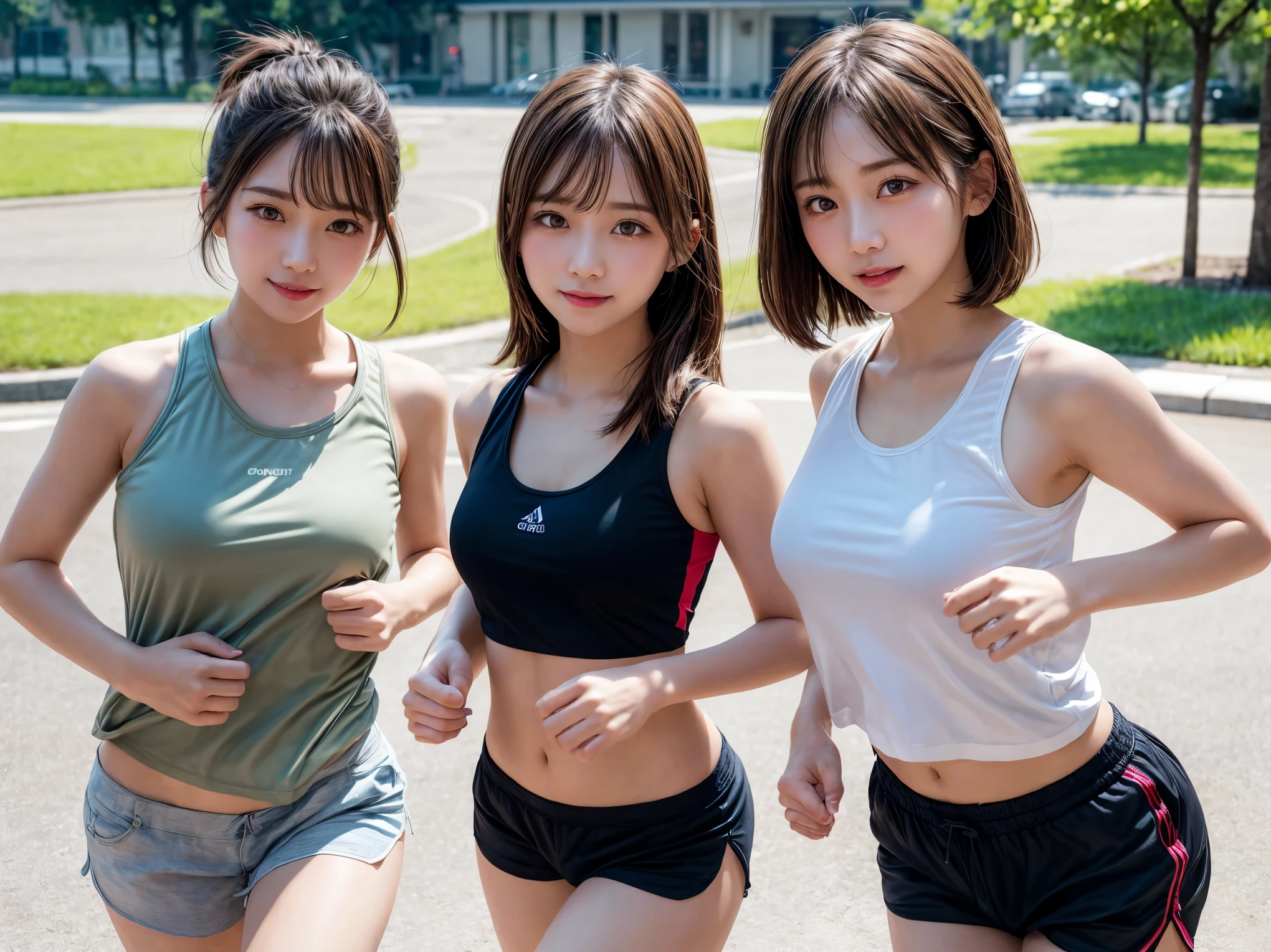 ((masterpiece)), ((highest quality)), (Super detailed), ((very detailed)), 4k, (8k), highest quality, (beautiful), shape, anime style, monochrome, grayscale, genuineistic, genuine, dynamic angle, Upper body, thick outline, clear outline, whole body concentration, at the park, (three girls, Three cute girls), (Tank top, shorts),beautiful金髪, beautiful brown eyes, ((beautiful eyes)), short hair, big breasts, light smile, (running:1.5), shiny, shine