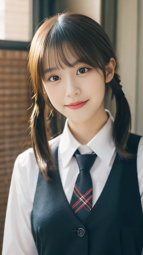 masterpiece，highest quality，official art，High Definition CG Unity 8K Wallpaper High School Girl，very delicate and beautiful，超High resolution，（realistic：1.4），golden hour lighting，（Full body Esbian），In the classroom，（platinum short hair：0.8），（cute eyes），looking at the viewer，facing the front，twin tail hair, 笑face，JK's Skirt（plaid）， bust，high school uniform，tie， masterpiece， highest quality， Raw photo， realistic， face， incredibly irrational solution， written boundary depth， High resolution， Super detailed， small details， very detailed， 非常に詳細な目とface， sharp pupils， realisticな生徒， fix sharp focus， cinematic lighting, Idol style、very cute:1.2、black haired、bangs、