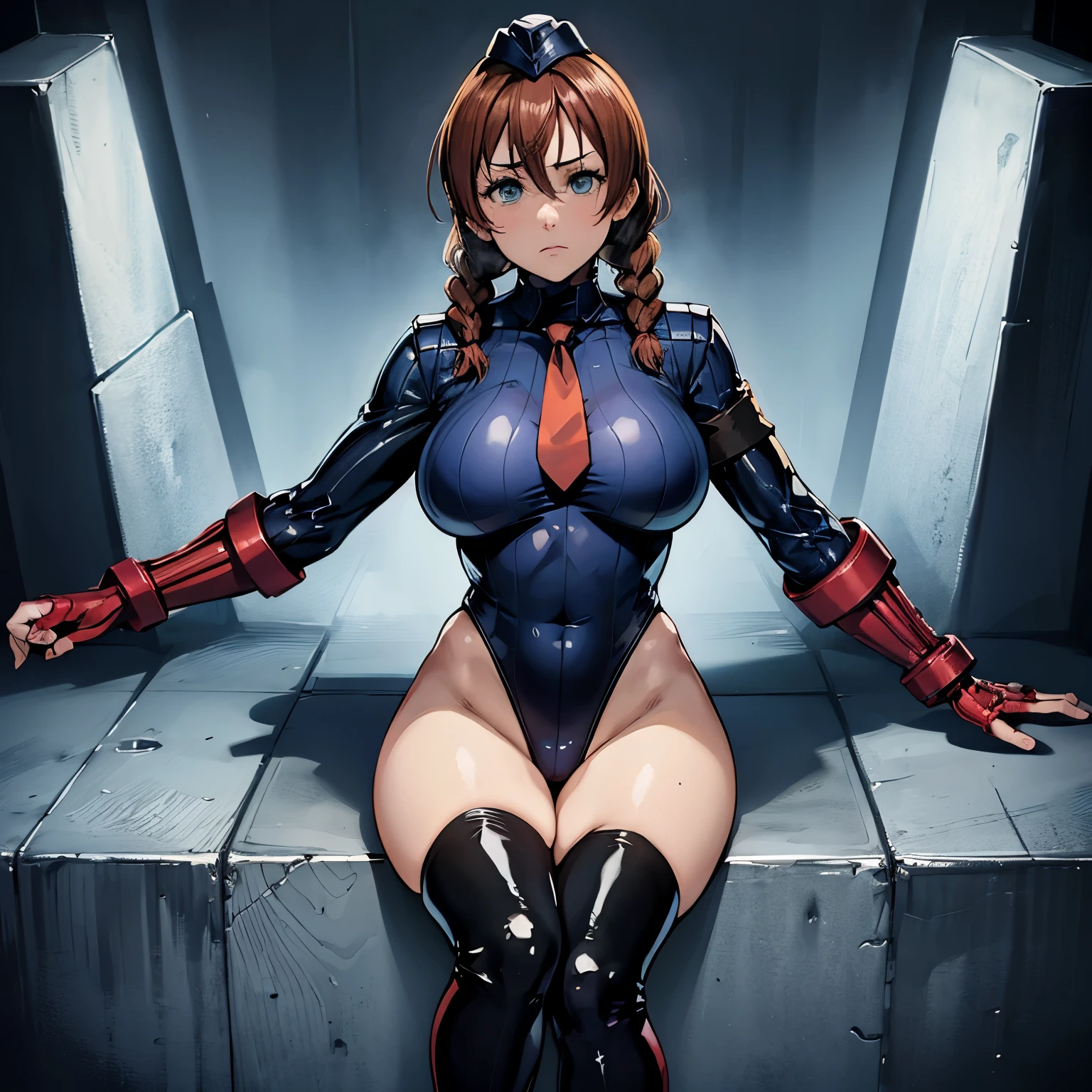 ultra-detailed, Explicit, Beautiful body, Beautiful Nose, Beautiful character design, perfect eyes, perfect face, ultra highres, 4K, beautiful legs, perfect legs, Nice hands, Perfect hand, Masterpiece, Best Quality, Highly detailed, illustration, absurdres, perfect anatomy, street fighter, doll suit, shadaloo doll, dollsuit, expressionless, blank eyes, looking at viewer, red gloves, emotionless, black latex, corrution, mind control, female combatant, full body, hypnotized, unhappy trance, full body suit, ribbed bodysuit, both arms at side, obey, perfect female body, extremely glossy latex, hypnosis, hypnoLora, empty eyes, Mind control device, poses, submissive_pose, Slave, sitting straight, sitting, sitting at attention, hat, necktie, belt, latex, ribbed bodysuit, thighhighs, garter belt, Fighting Stance, extending the right arm from the shoulder into the air with a straightened hand, military, thigh boots, 1girl, hair ornaments, brown hair, long hair, green eyes, (((pixel-perfect, detail-perfect))), solo, 1girl, Emma Verde, Lovelive!, Love Live! Nijigasaki High School Idol Club, big breast, twins braids