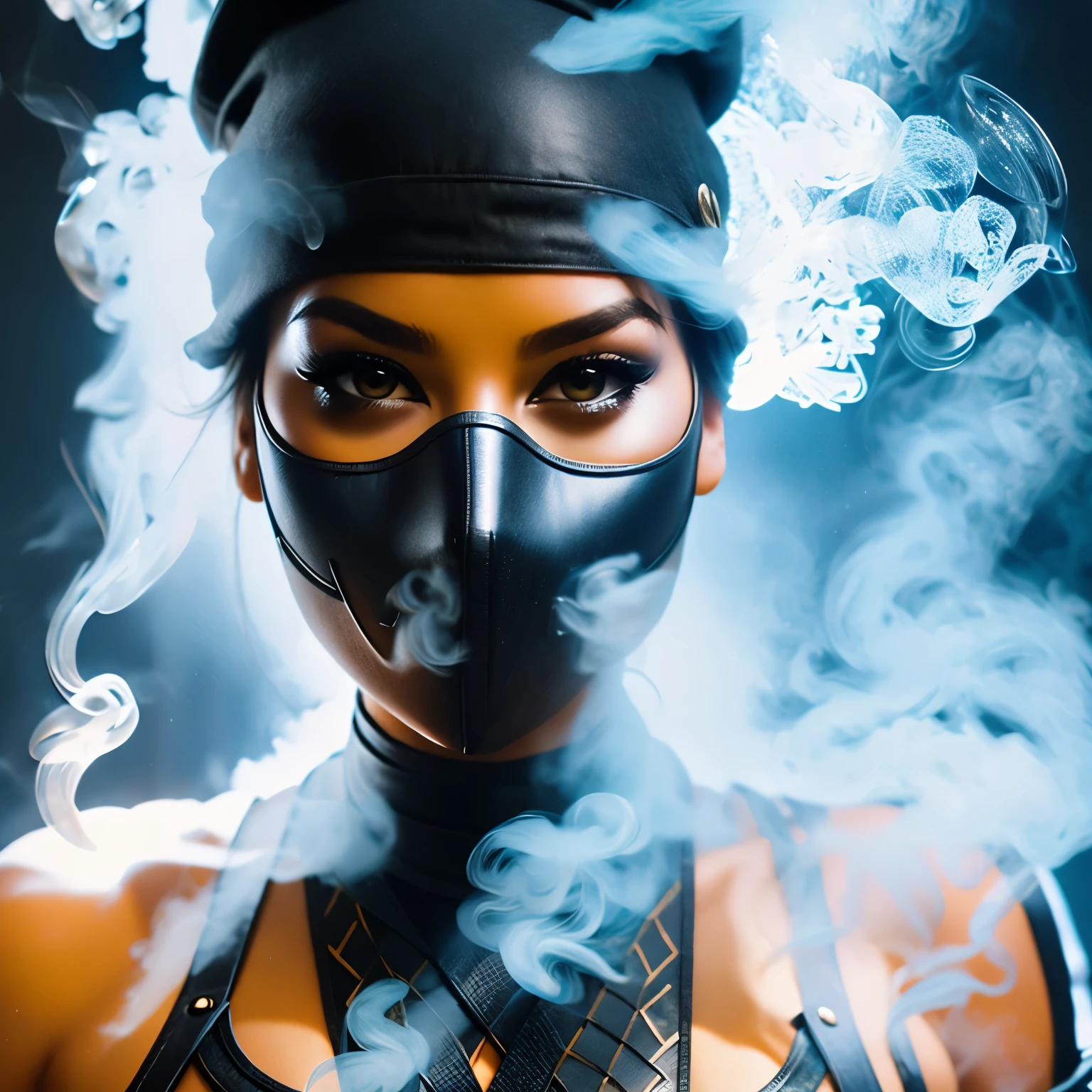 Create an ultra-detailed shot of a figure fully made of smoke in a Smoking Girl shape, ninja, (ghostly figure) front view, motion effects, colorful smoke, studio lights, ultra sharp focus, high-speed shot, soft colors, UHD, 16k