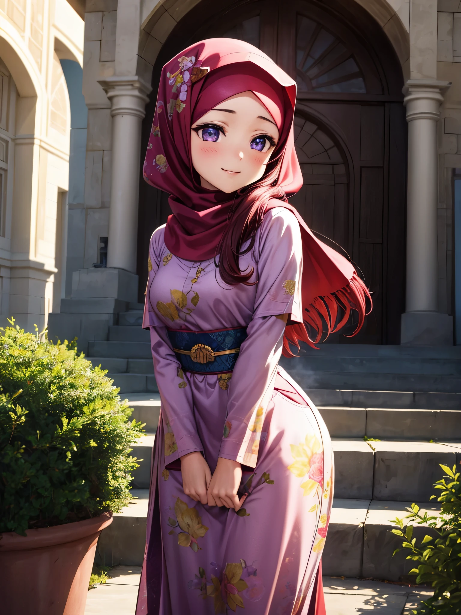 (Masterpiece, Best Quality, High Quality),(chibi),volumetric lighting, illustration, beautiful , Blushing, looking at viewer, flowers printed ,Nishikino maki, purple eyes,red hair, ((wearing islamic hijab:1.2)) , fruits print, looking to the side, confident, smile, (arms behind back, head tilt:1.1),perfect lighting, perfect shadows, flower, (breathtaking scenery:1.1), tree, blushing