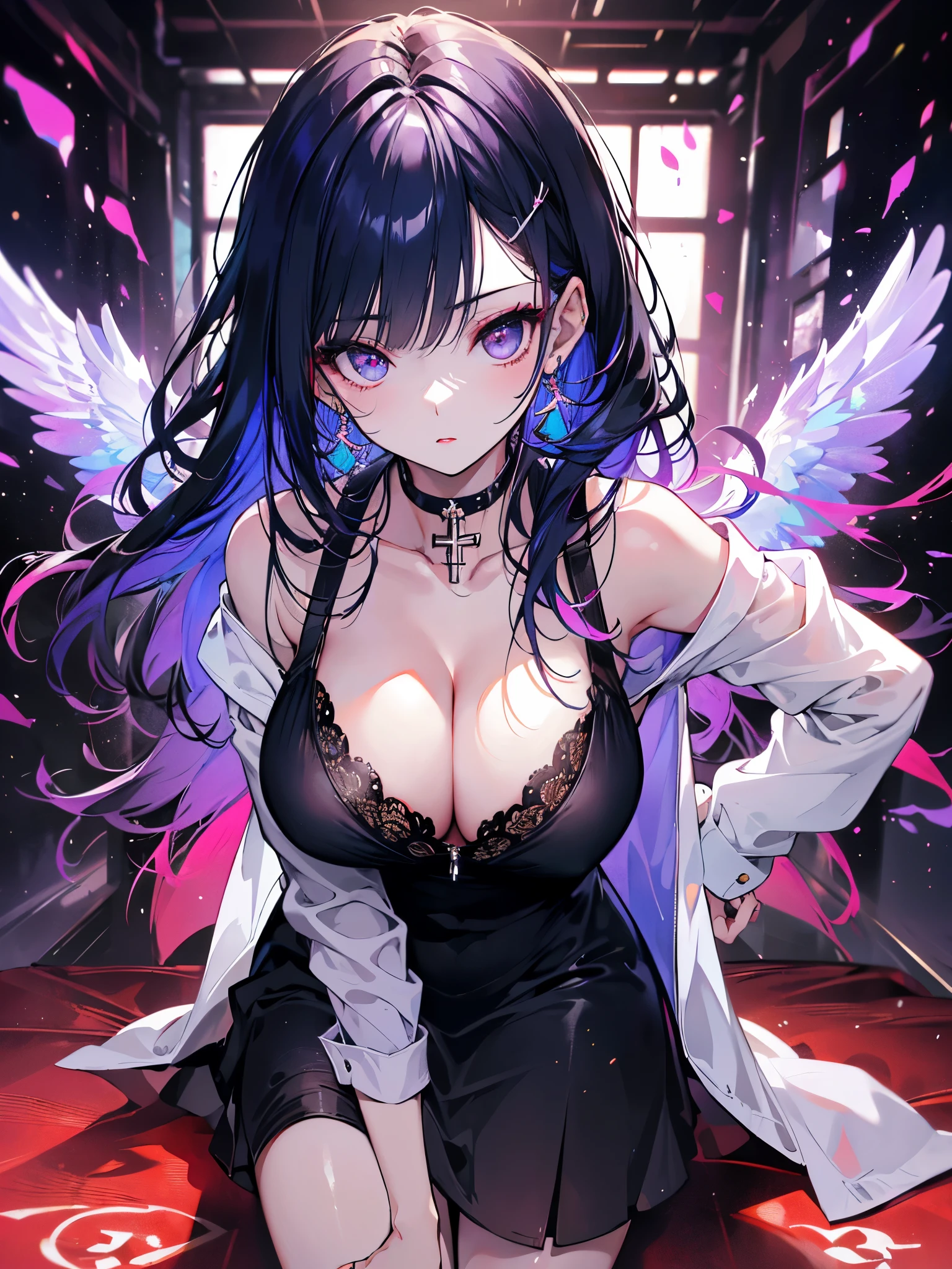 midjourney,(((Super detailed, 8K quality))),,hair above one eye, red eyes, clear eyes, choker, open jacket,anime style, Movie Portrait Photography, 1 female, 22 years ago,椅子にsit、cross your legs、blue eye background, big and full breasts, anger, (scarlet hair), long hair, purple eyes, wearing a short black dress, (natural skin texture vivid details, surreal, (realistic detailed eyes, natural skin texture, realistic facial details), Depth of written boundary, Bokeh, vivid details, surreal, 35mm movie, hazy blur, ,lipstick, ear piercing, eye shadow, hoop earrings, red pink lips, 多色のred eyes, purple theme,Wear an iridescent aura,beautiful eyes,stand in front of the red gate、leaning forward,hanging bangs,sit,sunglasses、White and purple are the main colors