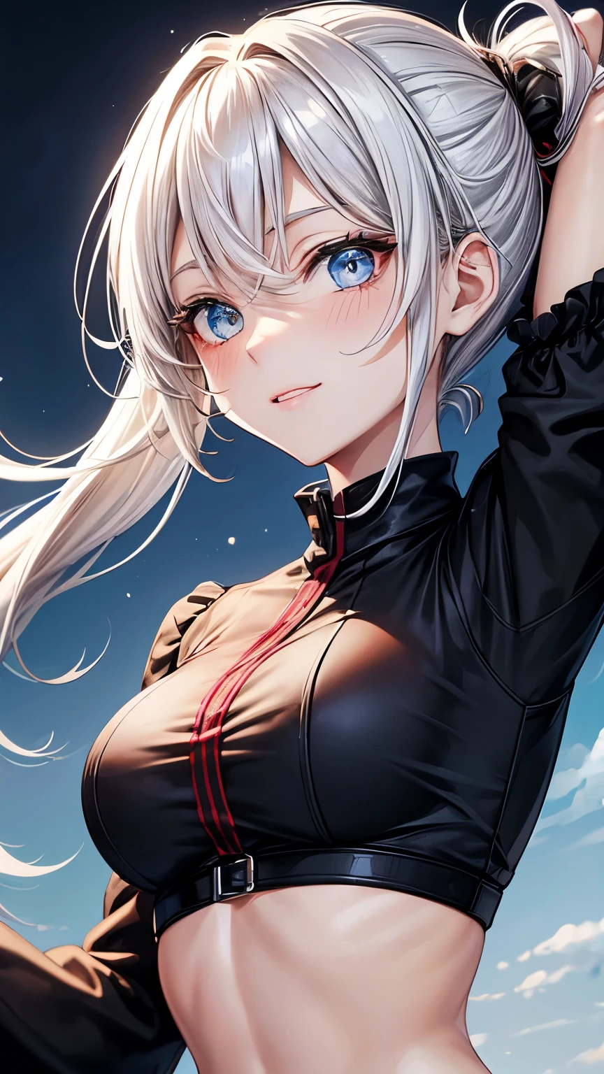 27 years old Japanese tidy lady ((small breast, slender)), blonde colored smooth curly hair ((very short hair, upper ponytail )), ((much shaggy long forelock, various colors highlights ))((asymmetrical very shaggy forelock)),BREAK, dirndl ((deep red, jet-black, )), high neck jet-black long sleeves shirt, tidy and fearless face, her arm grabbed by her hand, seductive and friendly smile,BREAK, big droopy eyes (( shiny blue eye, shiny pale yellow eye, heterochromia)), eyelashes, blush , small mole under left eye, BREAK, tidy and pleasant atmosphere,((face focus)),