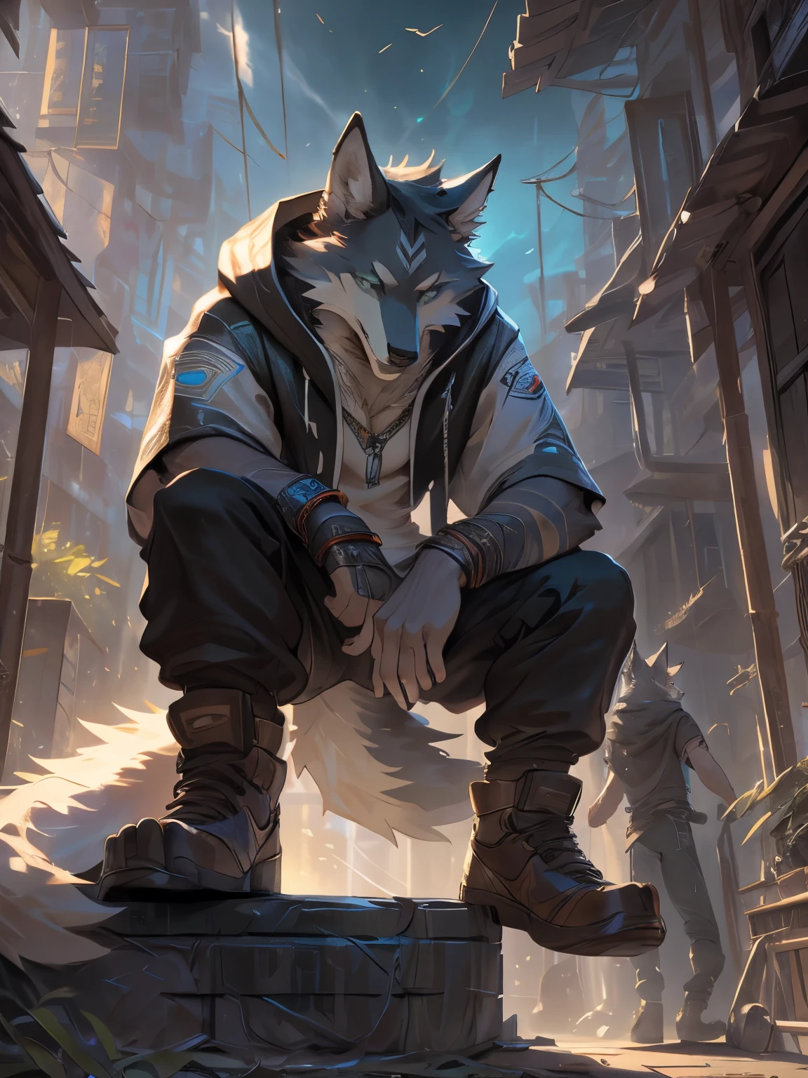 posted on e621, (by Chunie), male, furry, Wolf anthro, solo, white fur, Green eyes, (Realistic eye details 1.2), Streetwear Hoodie wear, Full body like, Masterpiece, dramatic lighting, soft lighting, day, highly detail, Hair coiled, (Seductive look:1.2), fit body, perfect male figure, Detailed fur, Detailed face, Perfect face, (The stands up), Detailed background, ((Bonifasko lighting)), Wolf tail, (Detailed eyes), perfect pupils