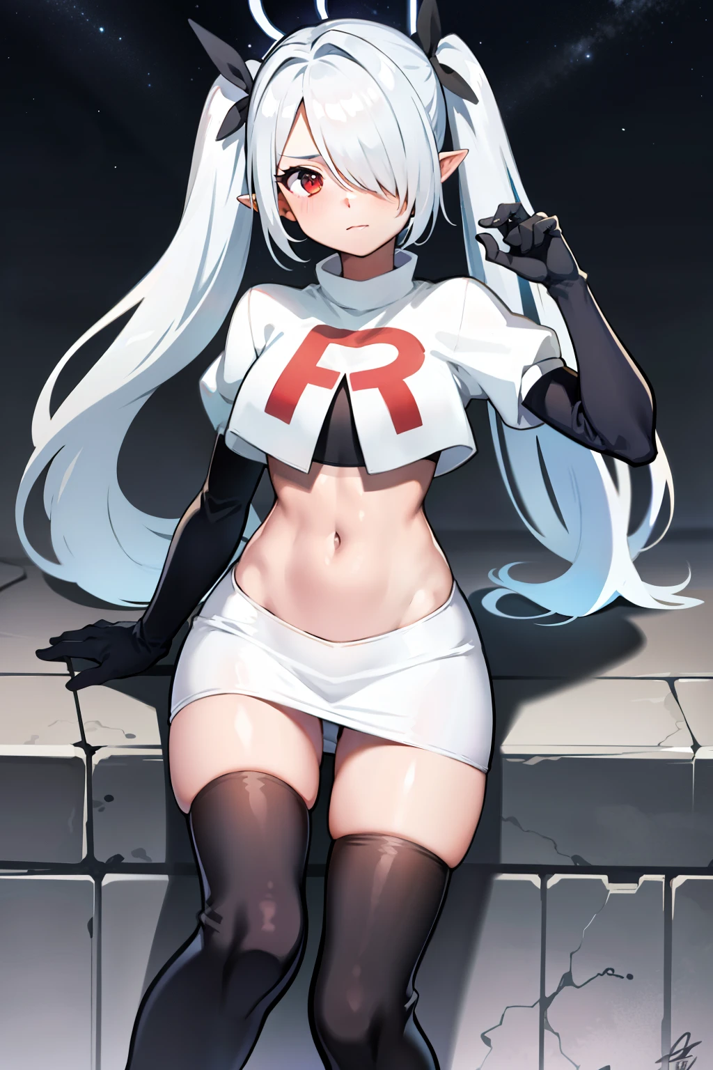 (masterpiece), 1girl, hair over one eye,magical world, shiny steps, beautiful sky, stars, jupiter, ioridef, team rocket,team rocket uniform, red letter R, white skirt,white crop top,black thigh-highs, black elbow gloves