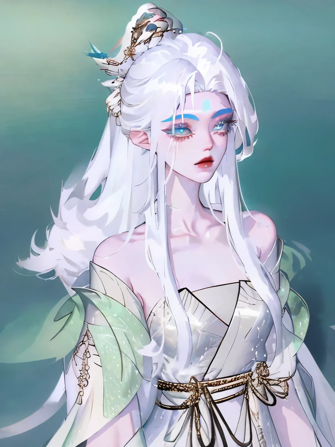 A woman wearing a white dress floating in the water, White hair floating in the air, sea goddess, White-haired God, flowing white robe, flowing white hair, sea goddess, Queen of the Sea Mu Yanling, ethereal!!!!!!!, white haired lady, water fairy, beautiful and mysterious, The fantasy of water everywhere, ethereal!!!, Wearing flowing robes
