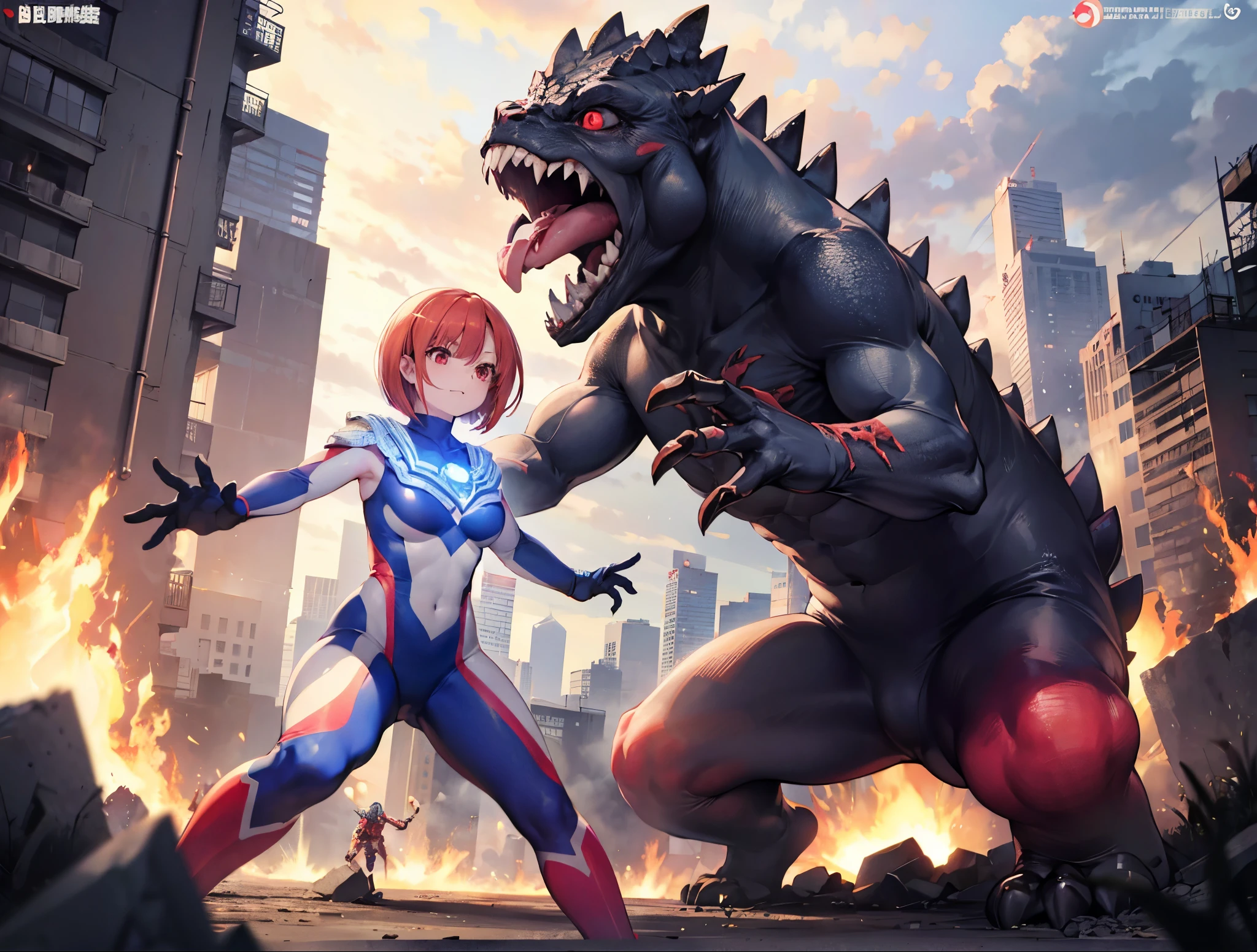 highest quality, ultra detail, High quality CG drawing, The most delicate and beautiful, Floating gently, High resolution, (1 giant woman), (Highest image quality,4K,8K,masterpiece:1.2),(all red hair:1.5),(short bob:1.5),(red eyes:1.5), Ultraman,(ultra girl :1.0), (全部赤いUltramanボディスーツ:1.4),slightly bigger breasts,red gloves,(rampage :1.0), whole body, (troubled face :1.2), (finding stance), ((dynamic), be familiar with fingers, be familiar with hands, be familiar with face), everything is complicated, Godzilla (attack :1.2), (battle with monsters, battle with monsters, finding), be familiar with (Ruined buildings) behind, outside,The city is engulfed in flames、Face the monster,(see the monster:1.3)