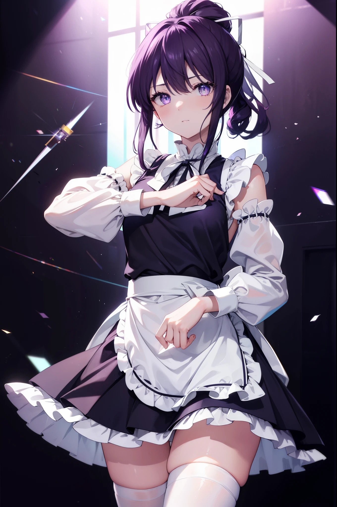 kaorikanzaki, kaori kanzaki, long hair, ponytail, (purple eyes:1.1), purple hair, ribbon, hair ribbon, bare chest,break apron, black ribbon, black skirt, black sleeves, removed collar, removed sleeve,embarrassing,mouth open,angry,frillsエプロン, frilled skirt, frills, head wreath, long sleeve, maid, miniskirt, neck ribbon, purple ribbon, ribbon, ribbon trim, ribbon-trimmed sleeves, roswaal mansion maid uniform, short hair, skirt, Thighhighs, waist apron, white apron, white Thighhighs,arms crossed,
break looking at viewer, Upper body, whole body,
break indoors,coffee shop,
break (masterpiece:1.2), highest quality, High resolution, unity 8k wallpaper, (figure:0.8), (detailed and beautiful eyes:1.6), highly detailed face, perfect lighting, Very detailed CG, (perfect hands, perfect anatomy),