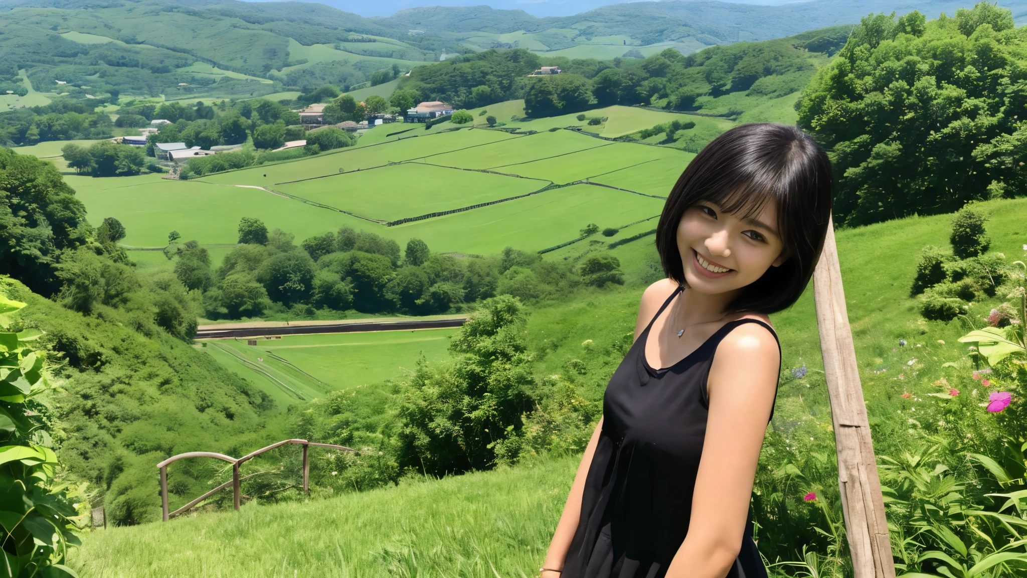 masterpiece、4K、highest quality、beautiful japanese woman、detailed description、1 girl、23 years old、(black camisole:1.1)、bob cut、summer、rural area、written boundary depth、angle from above、smile、hill landscape background