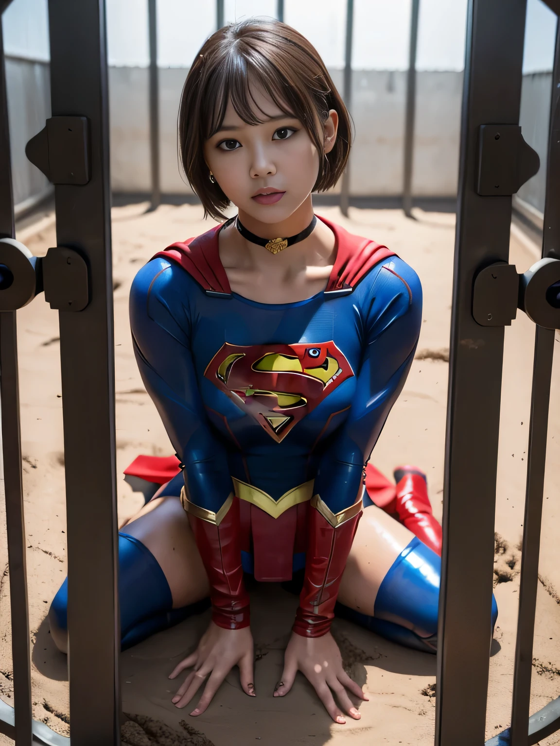 masterpiece、supergirl costume、short hair、barefoot、big and full breasts、Crisis situation、prison、in a cage、torture、Covered in mud、spread your legs、handcuffs、shiny、looking at camera、Seduce、choker、long sleeve、red sexy pose、POW camps、humiliating