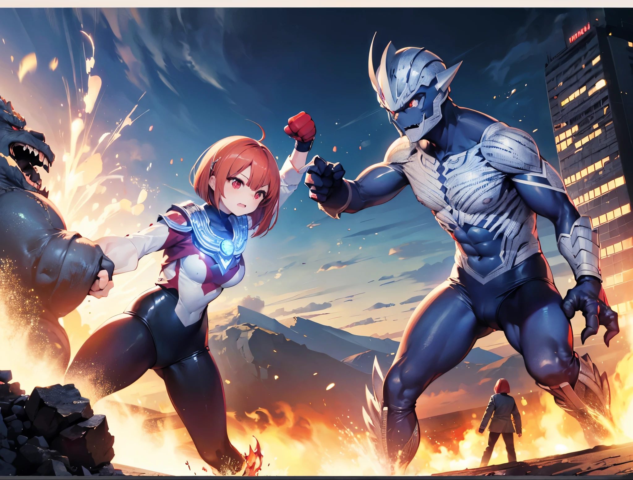 highest quality, ultra detail, High quality CG drawing, The most delicate and beautiful, Floating gently, High resolution, (1 giant woman), (Highest image quality,4K,8K,masterpiece:1.2),(all red hair:1.5),(short bob:1.5),(red eyes:1.5), Ultraman,(ultra girl :1.0), (全部赤いUltramanボディスーツ:1.4),slightly bigger breasts,red gloves,(rampage :1.0), whole body, (troubled face :1.2), (finding stance), ((dynamic), be familiar with fingers, be familiar with hands, be familiar with face), everything is complicated, Godzilla (attack :1.2), (battle with monsters, battle with monsters, finding), be familiar with (Ruined buildings) behind, outside,The city is engulfed in flames