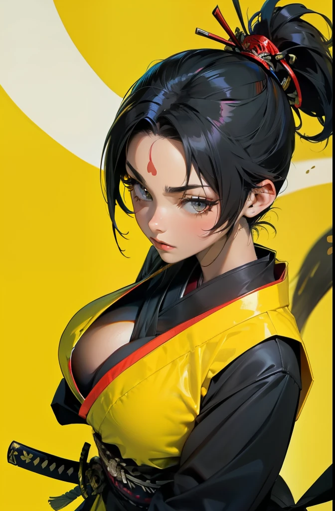 Masterpiece, Best quality,Samurai of Japan,1 female, Black hair with high ponytail, Bright eyes, heroic look, full body, Wear a Japanese katana, Japanese samurai costumes and ninja costumes are yellow, Black, yellow and red,splendid,Facial details, The face is delicate, large bust, cleavage, shoulderless, a view from above