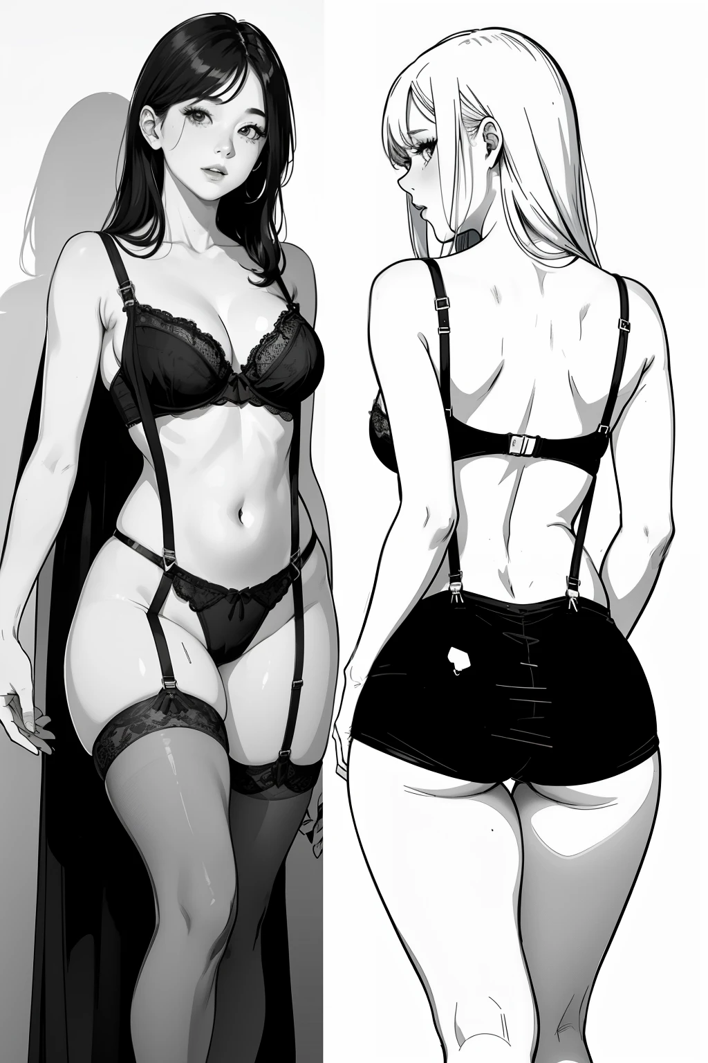 best qyality, perky tits, 8k, stocking suspenders, woman, medium breasts, drawing of a woman lingerie, thick black line drawing, High resolution commission, back and white, thick line drawing, backlit, cute sexy butts, commission, thick outline, hands behind back, body pose!, realistic ideal body with shading, black and white manga style